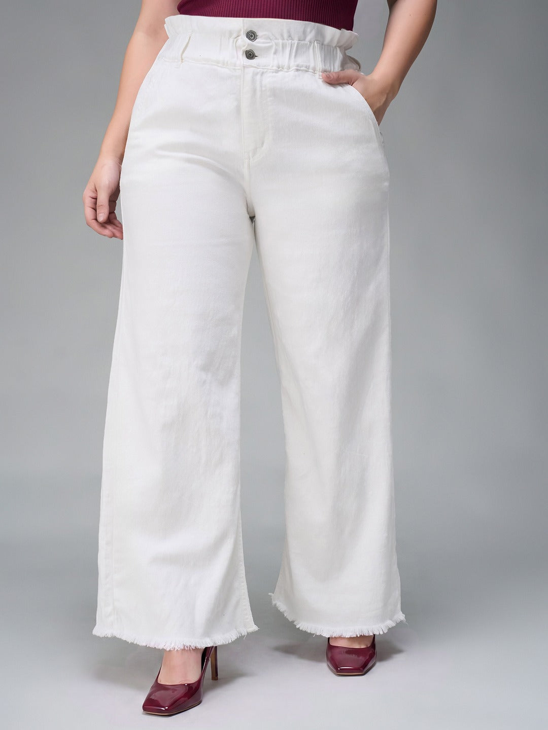 White Flared High Rise Ankle length Stretchable Denim Jeans for Women