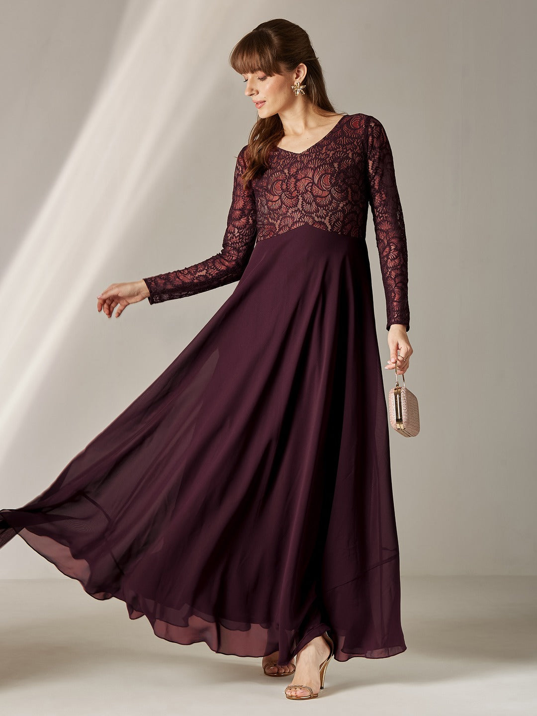 Wine V-Neck Full Sleeve Self Design Lace-Overlaid Georgette Maxi Dress for Women