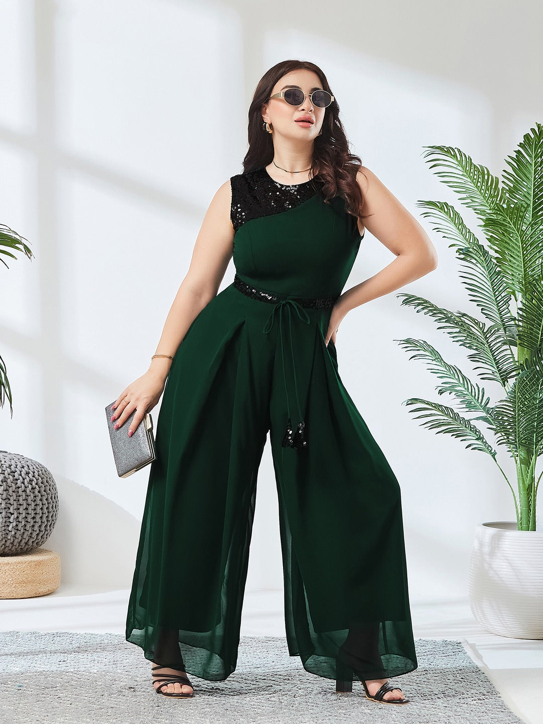 Green Solid Relaxed Fit Sleeveless Round Neck Ankle-Length Straight Jumpsuit for Women