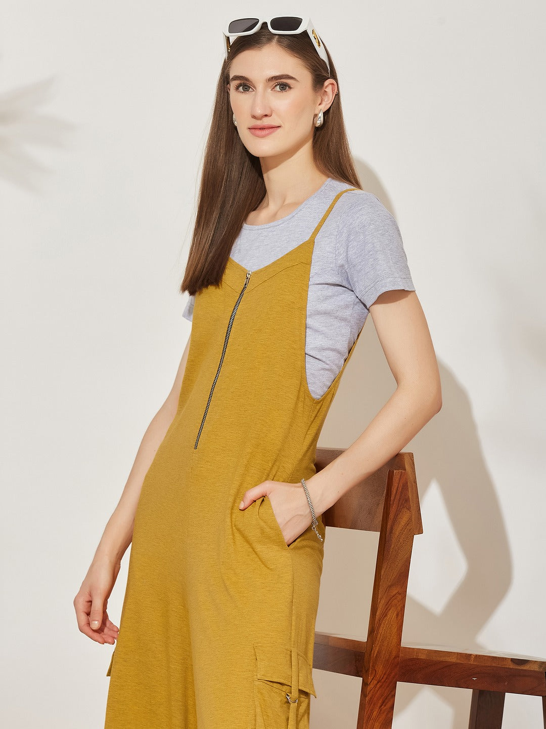 Gold and Grey Round Neck Half Sleeve Solid Regular Fit Cotton Dungaree Co-Ord Set for Women