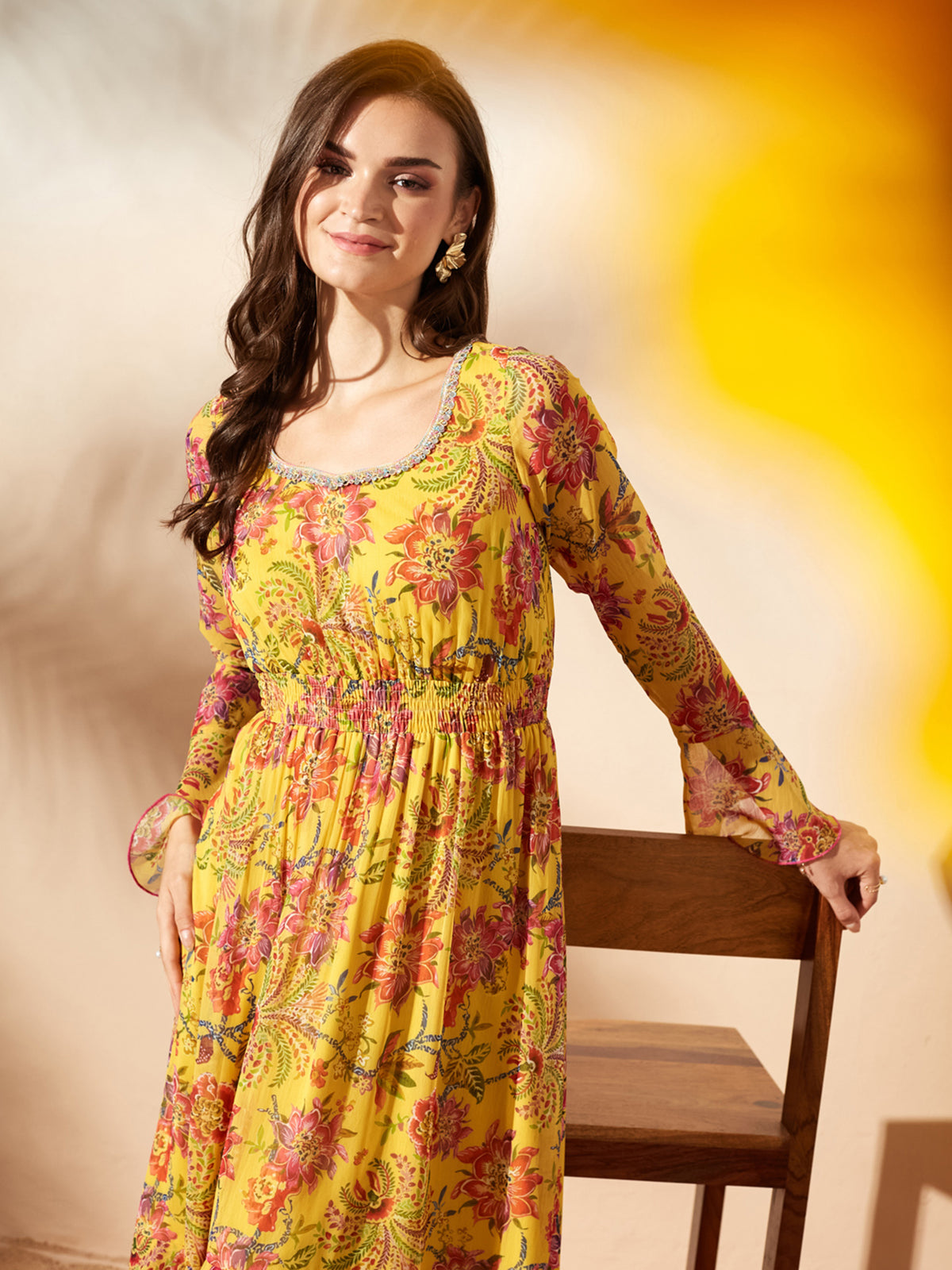 Mustard Sweetheart Flounce Floral Ruffled/ Front Slit Maxi Chiffon Ethnic Dress for Women