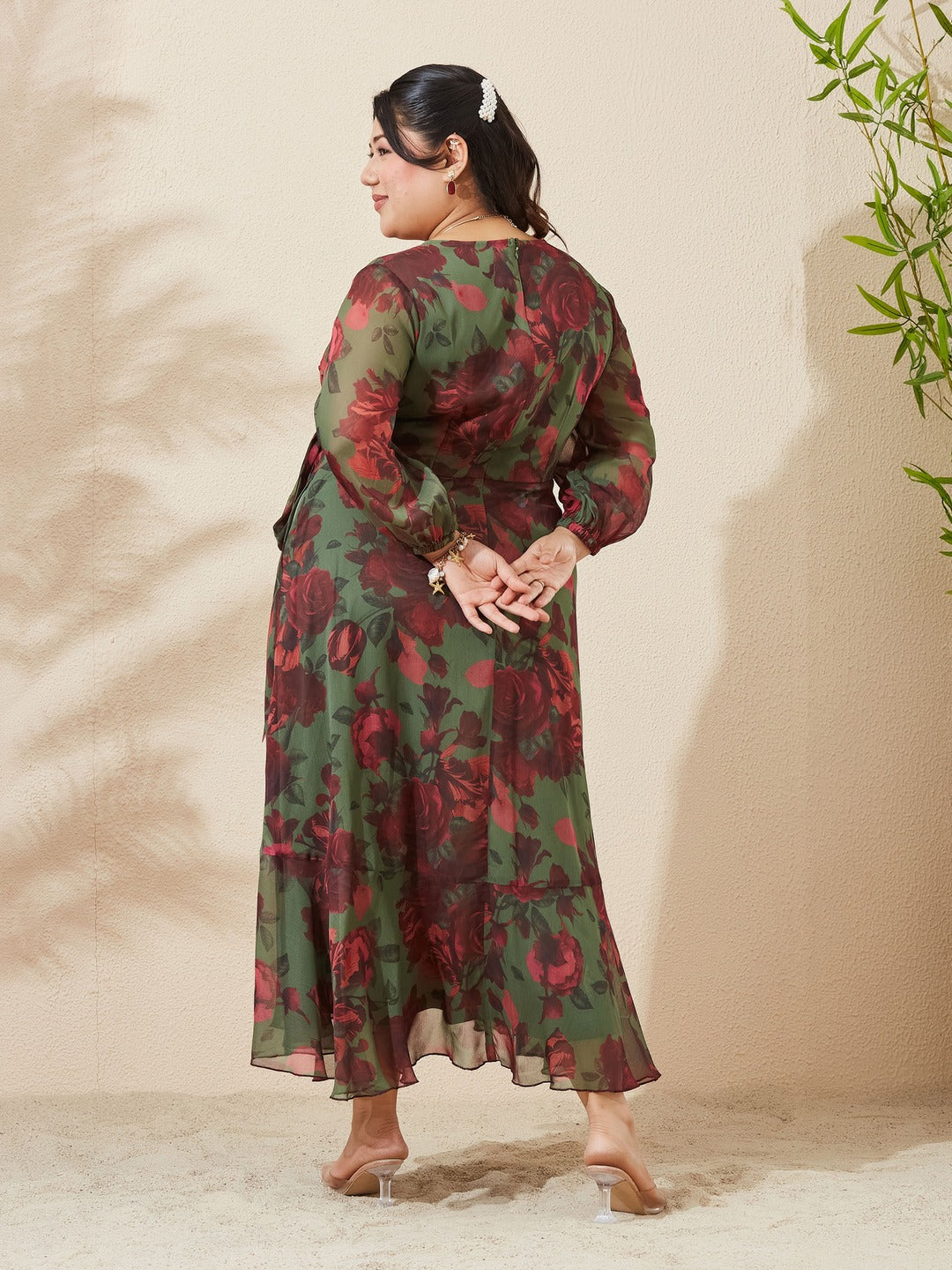 Olive & Wine Floral V-Neck 3/4 Sleeve Wrap Midi Chiffon Dress for Women
