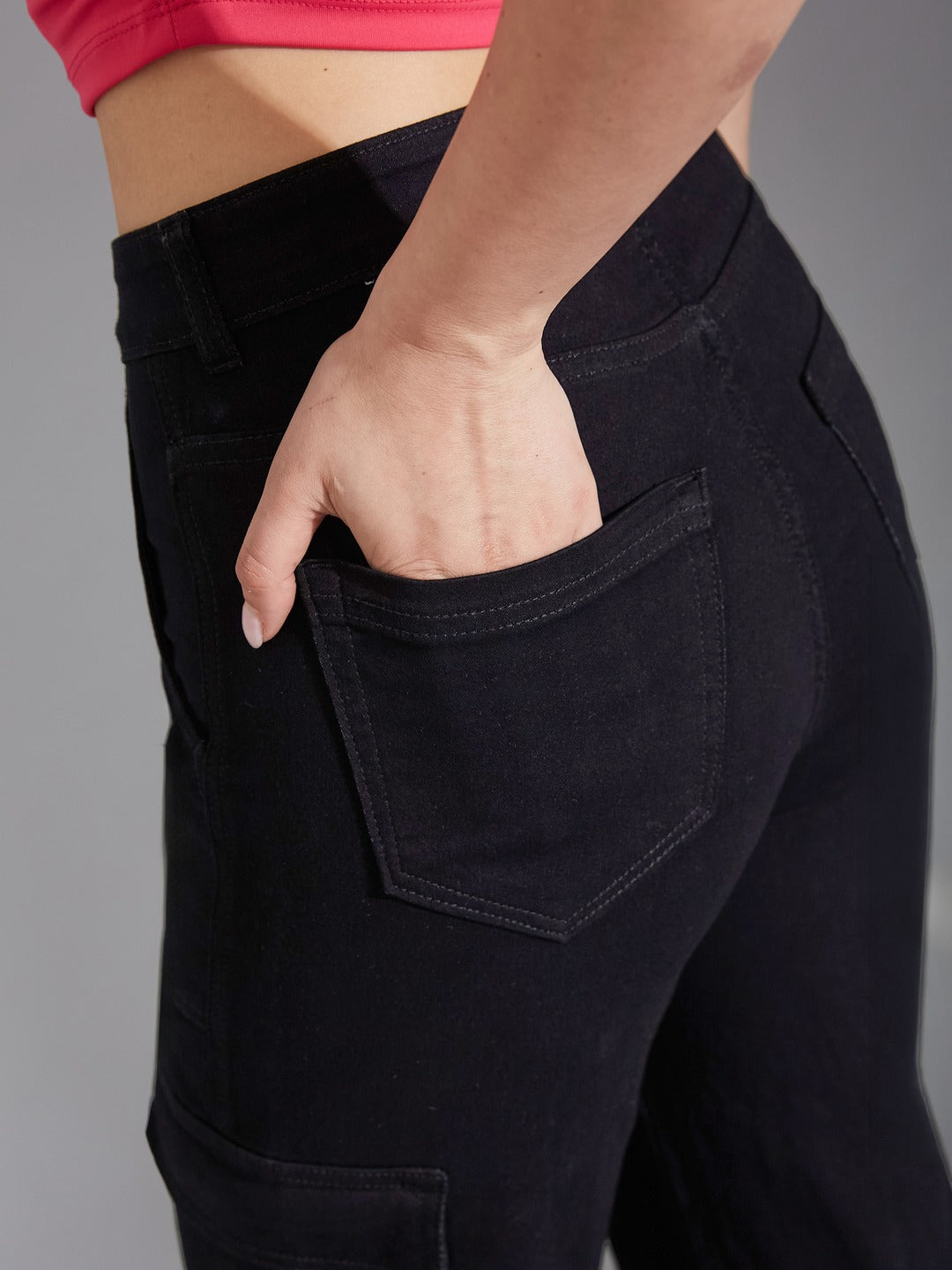 Black Wide-Leg High-Rise Stretchable Denim Cargo Jeans for Women