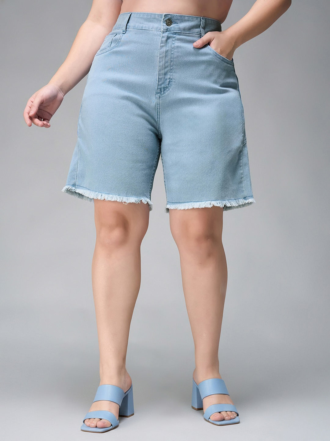 Light Blue Regular High Rise Above Knee Stretchable Denim Shorts for Women