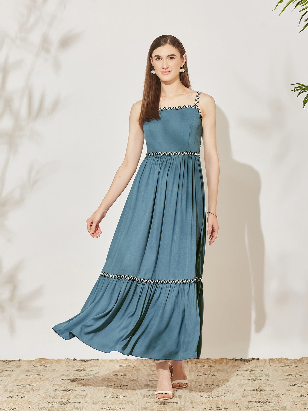 Azure Blue Square Neck Sleeveless Solid Tiered Maxi Crepe Dress for Women