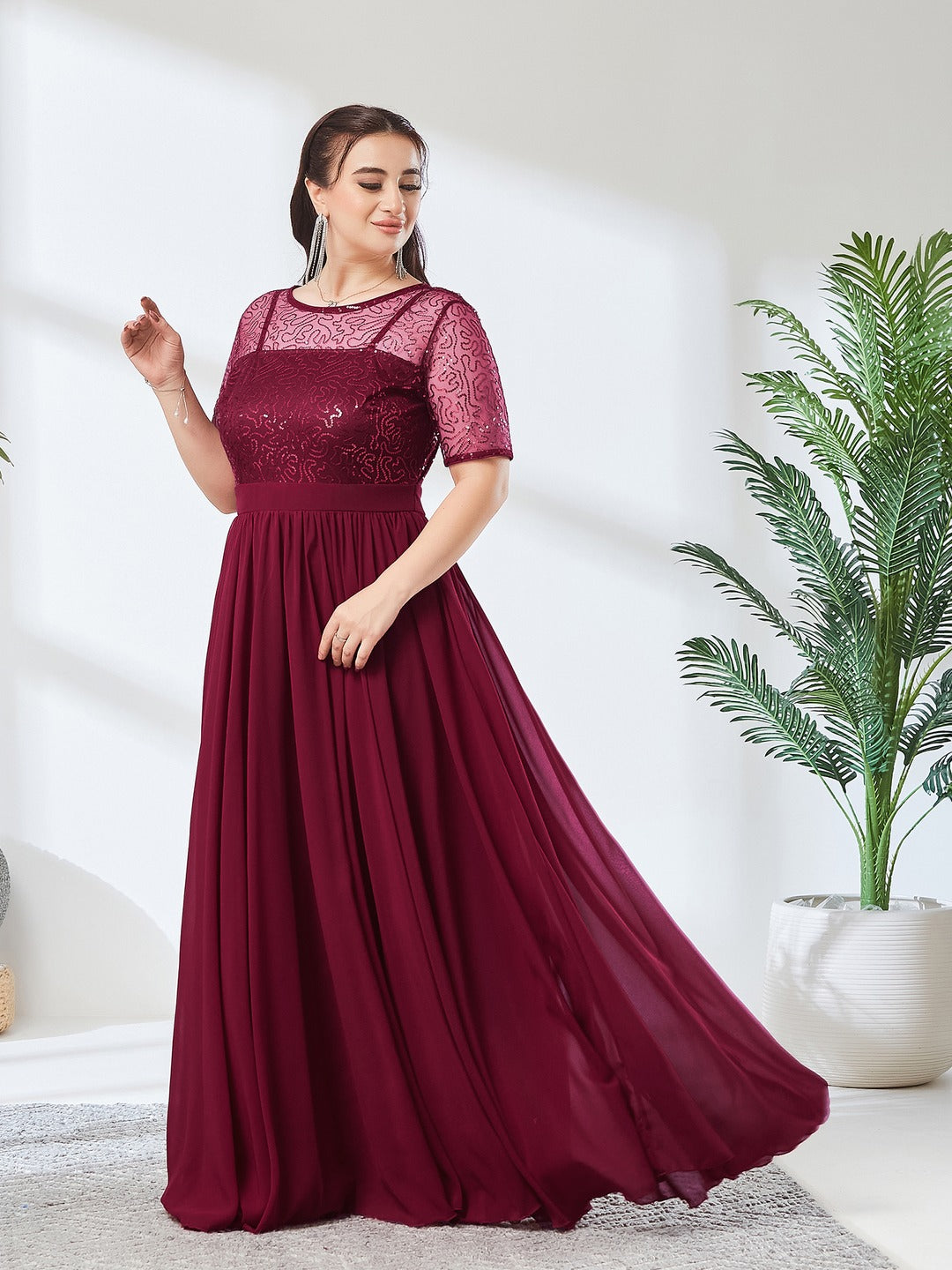 Maaroon Relaxed Fit Maxi Georgette & Sequins Dress for Women