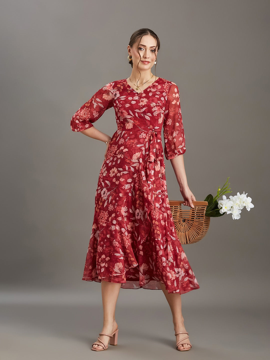 Multicolored Maroon Floral V-Neck 3/4 Sleeve Wrap Midi Chiffon Dress for Women