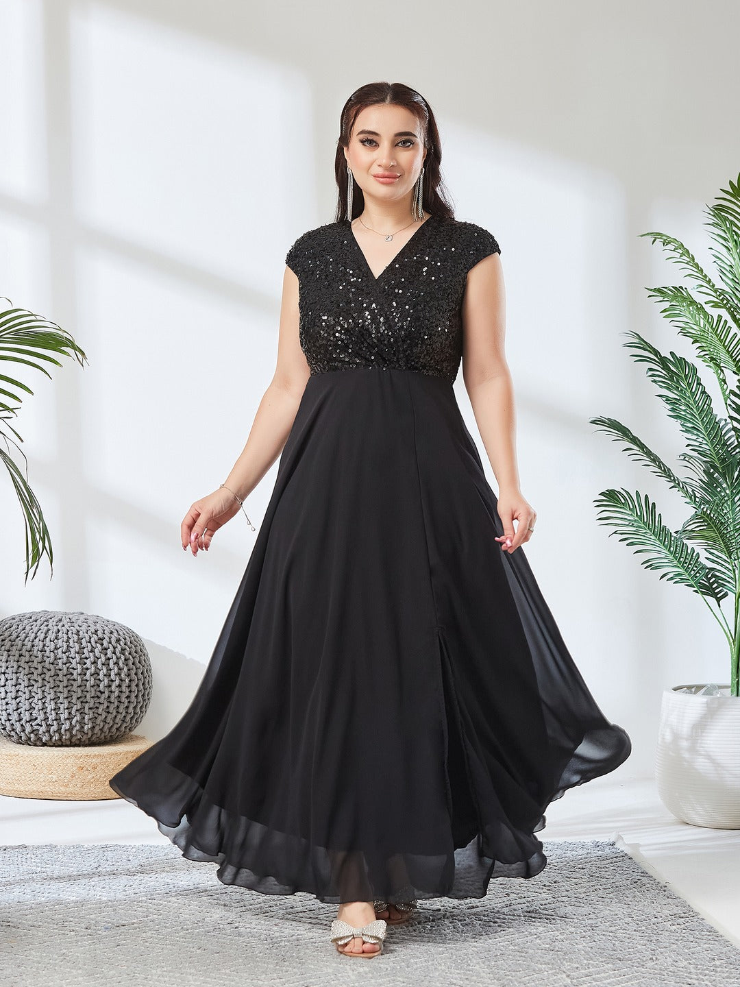 Black V-Neck Cap Sleeved Solid Wrap Maxi Dress for Women