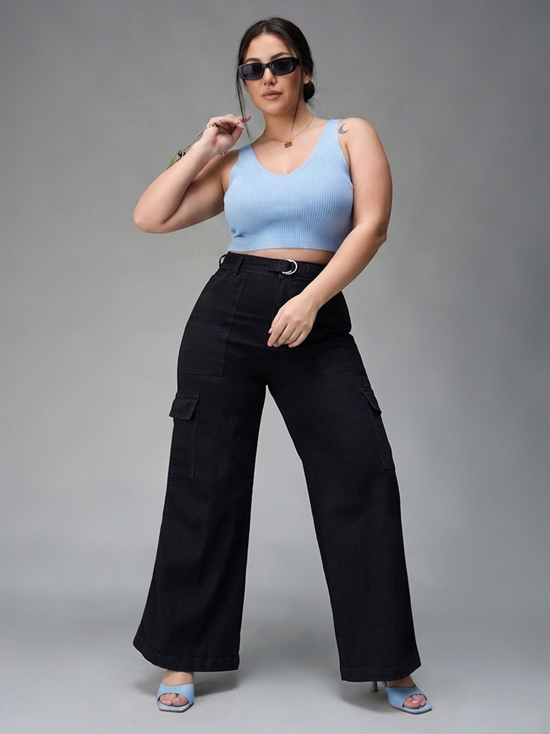 Black Wide leg High rise Regular Stretchable Denim Jeans for Women