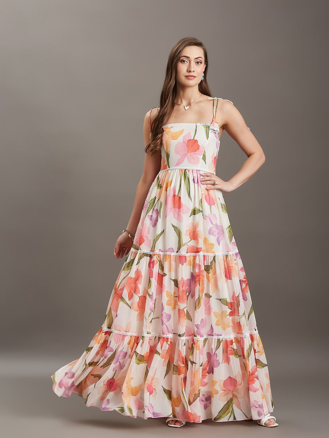 Green And Orange Shoulder Tie-Up Floral Tiered Maxi Chiffon Dress for Women