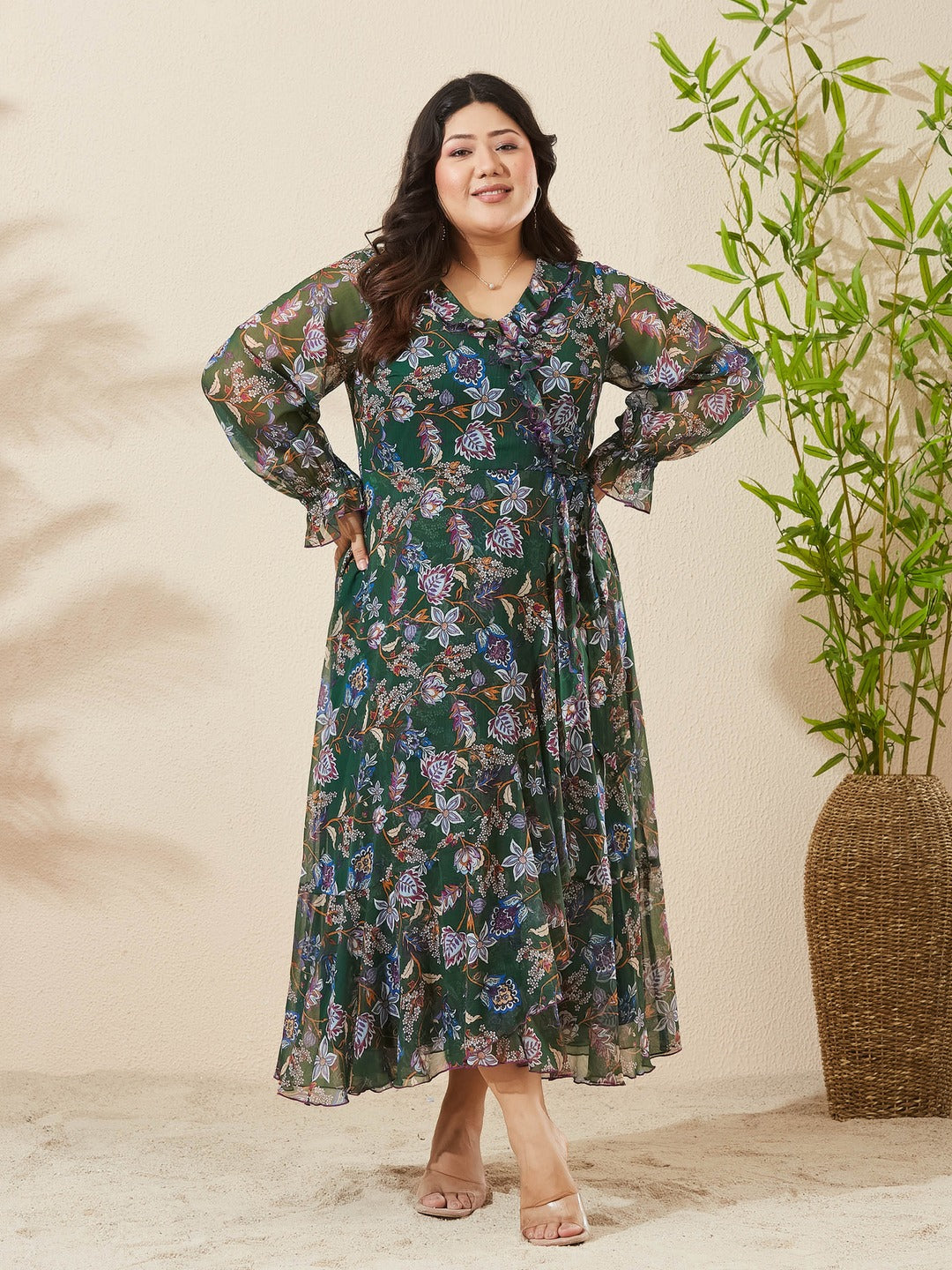 Forest Green Bohemian Ruffled Tie-Up Midi Chiffon Dress for Women