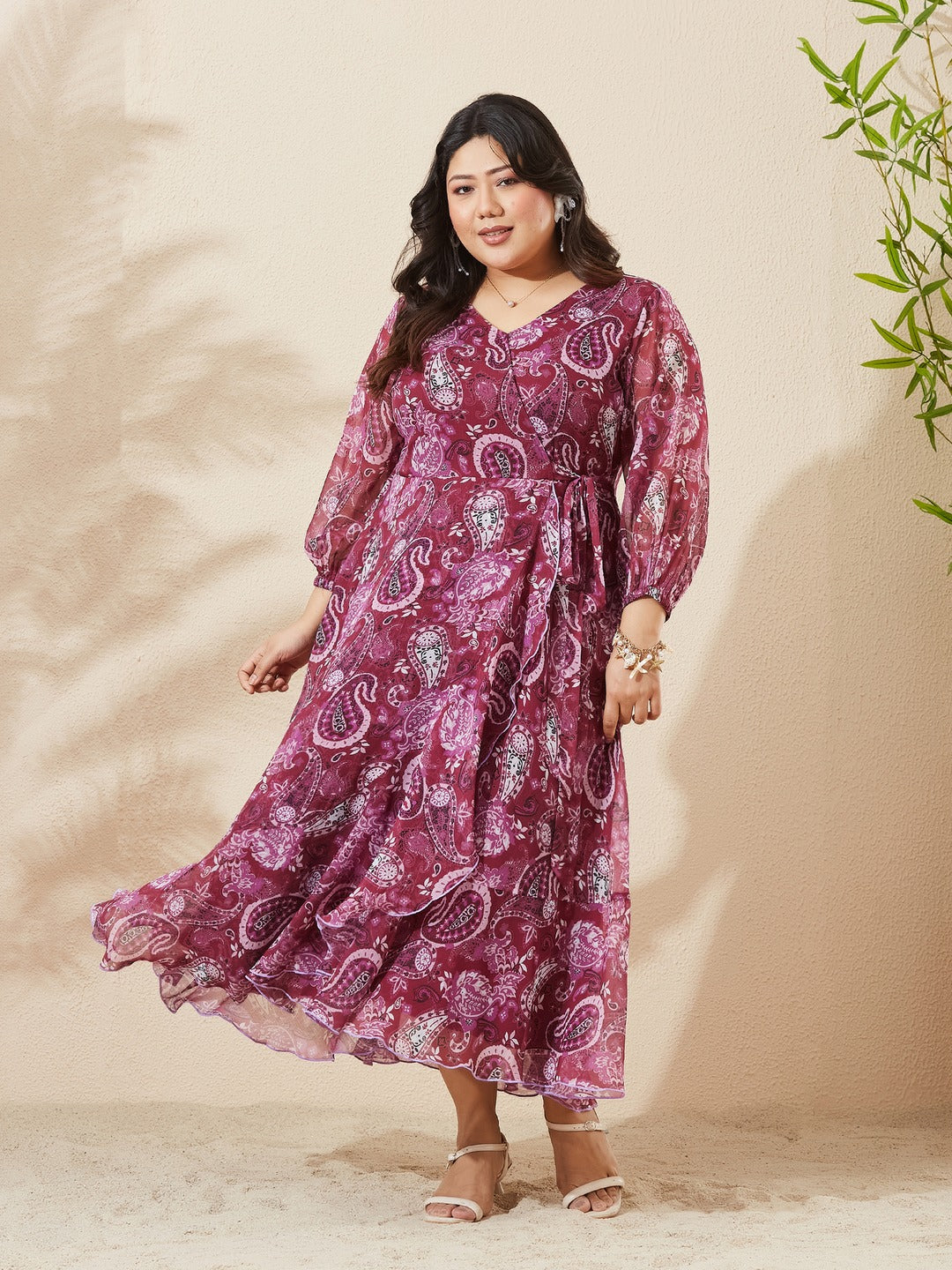 Wine Floral V-Neck 3/4 Sleeve Wrap Midi Chiffon Dress for Women