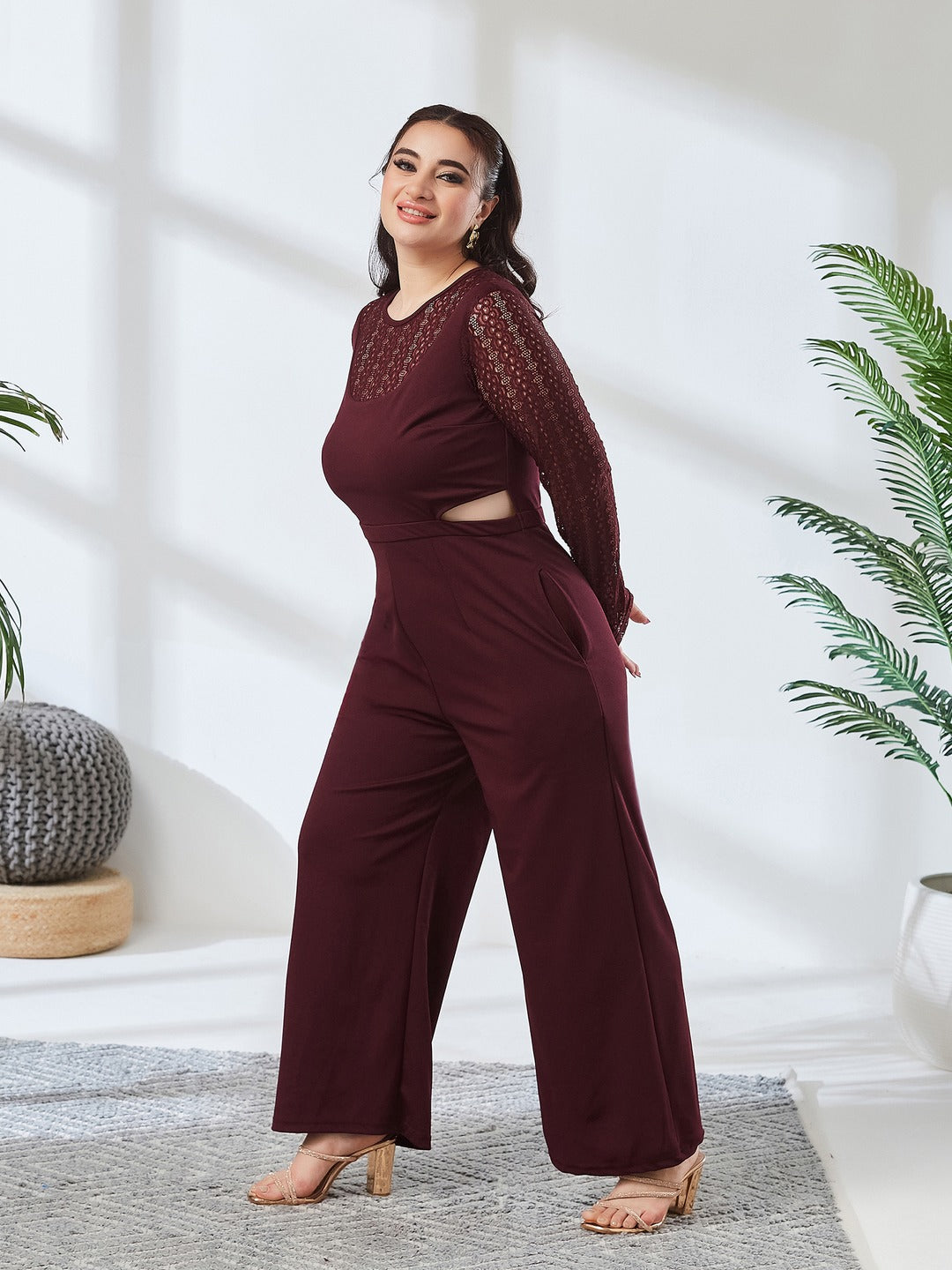 Wine Round Neck Full Sleeve Self Design Cut-out Regular-Length Polyester Jumpsuit for Women