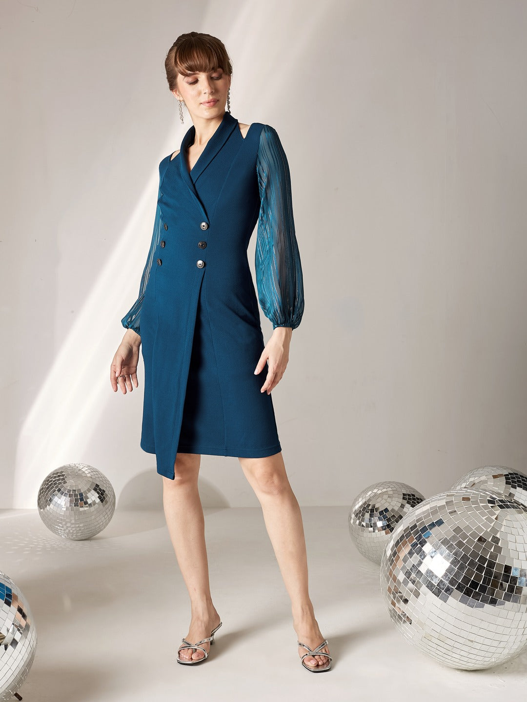 Teal Shawl Collar Bishop Sleeves Solid Double Breasted Knee Length Dress for Women
