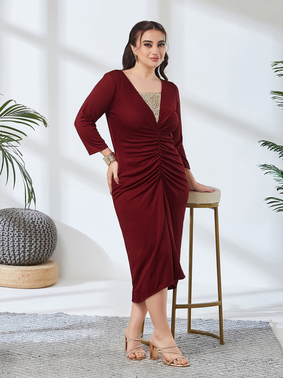 Maroon & Golden Embellished Sheath Midi Dress for Women