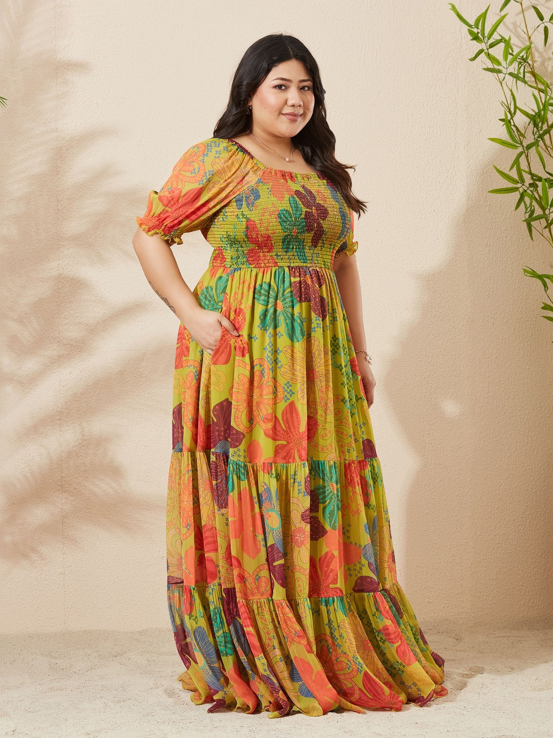 Lime Green Square Neck Puff Sleeve Floral Fit And Flare Maxi Chiffon Dress for Women