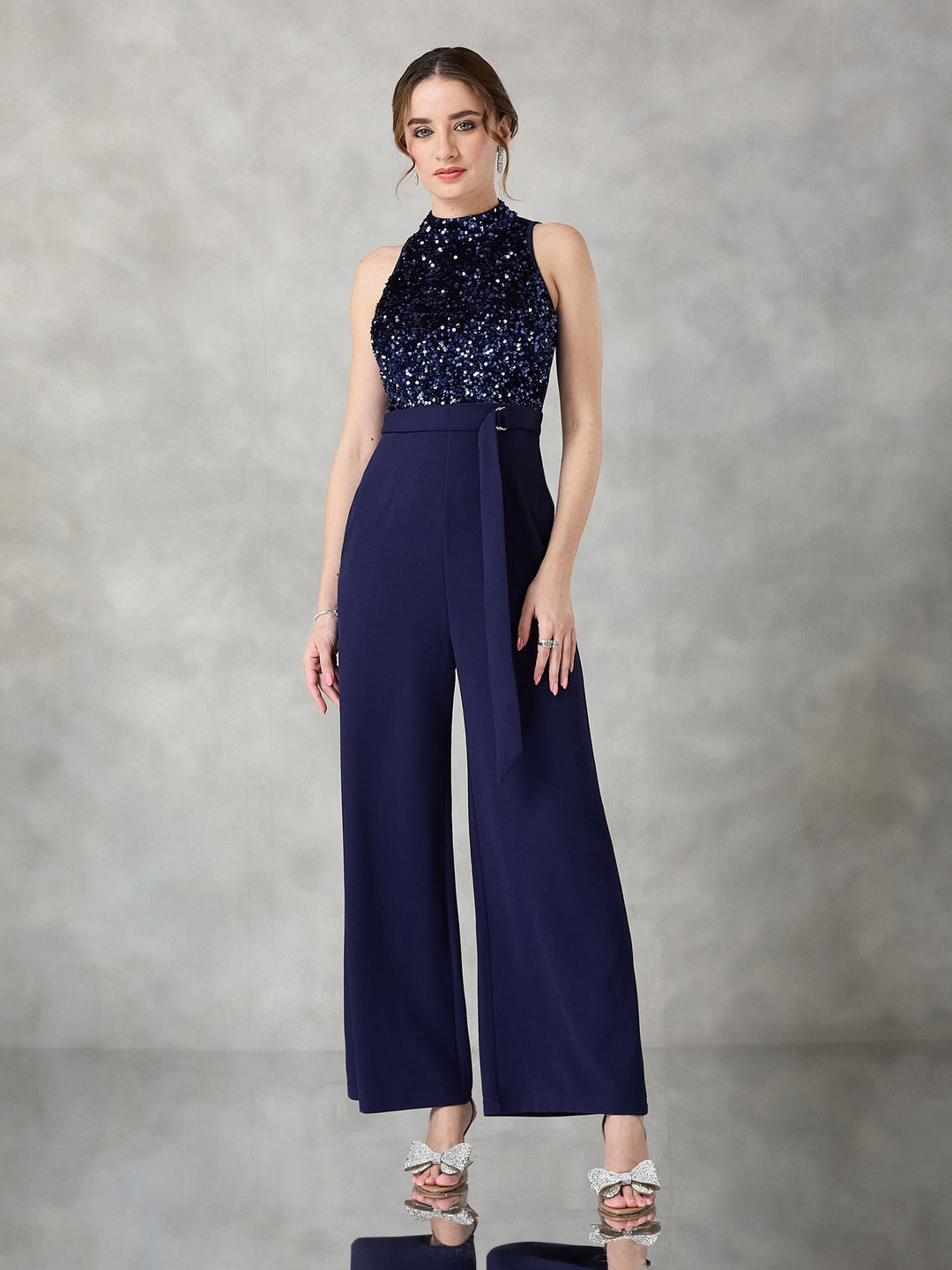 Navy Blue Halter Neck Sleeveless Embellished Jumpsuit for Women