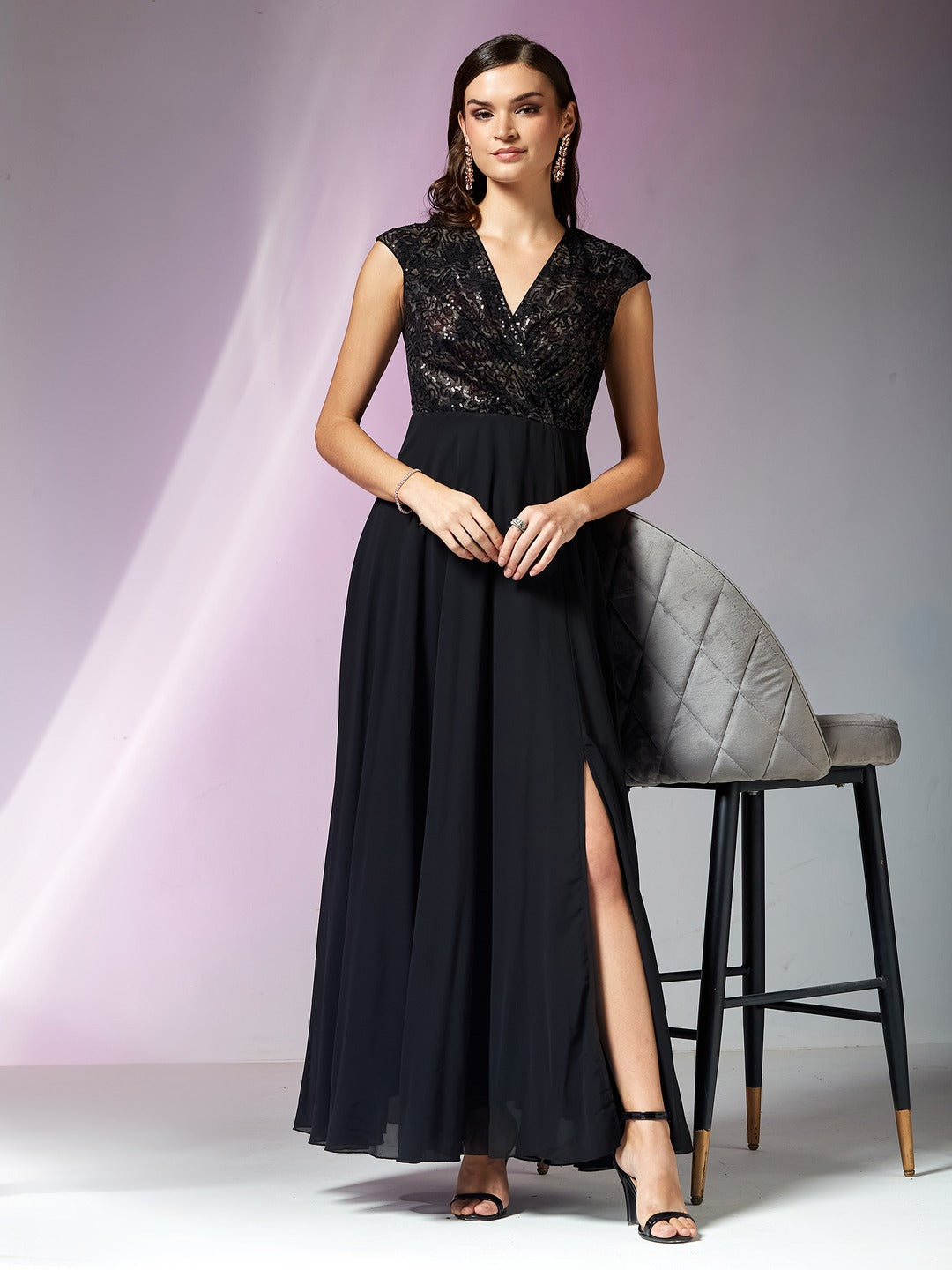Black Overlapped Extended Shoulder Embellished Georgette Maxi Dress for Women