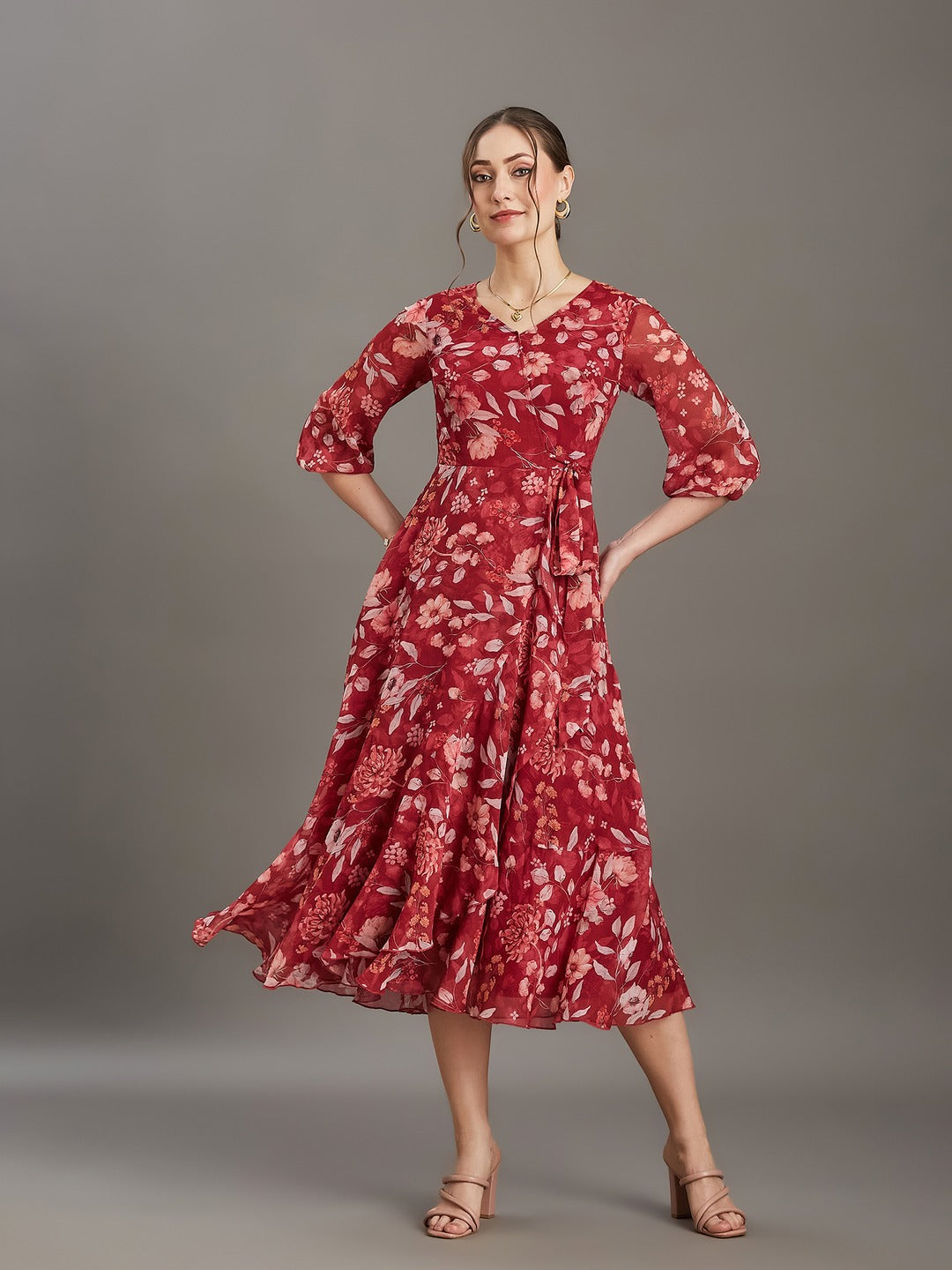 Multicolored Maroon Floral V-Neck 3/4 Sleeve Wrap Midi Chiffon Dress for Women