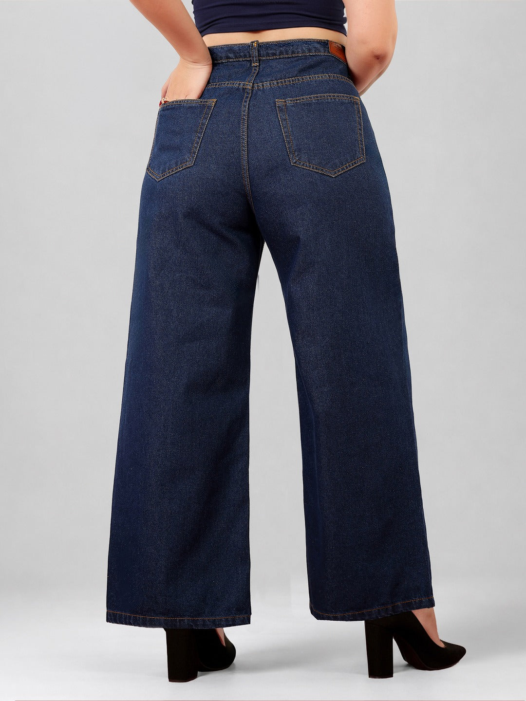 Navy Blue Wide-Leg High-Rise Non-stretchable Denim Jeans for Women