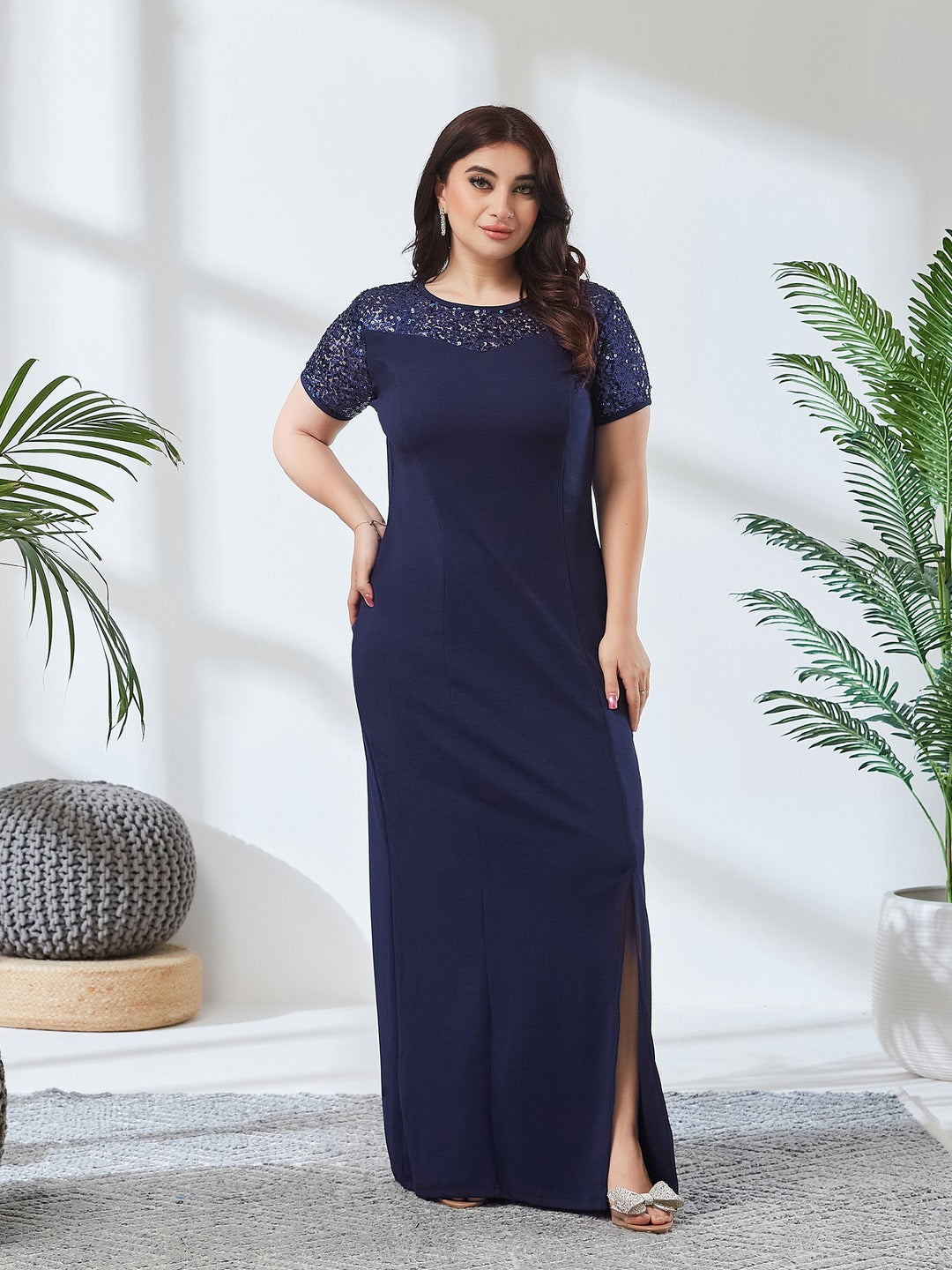 Navy Blue Round Neck Cap Sleeves Sequin Paneled Solid Bodycon Maxi Dress for Women