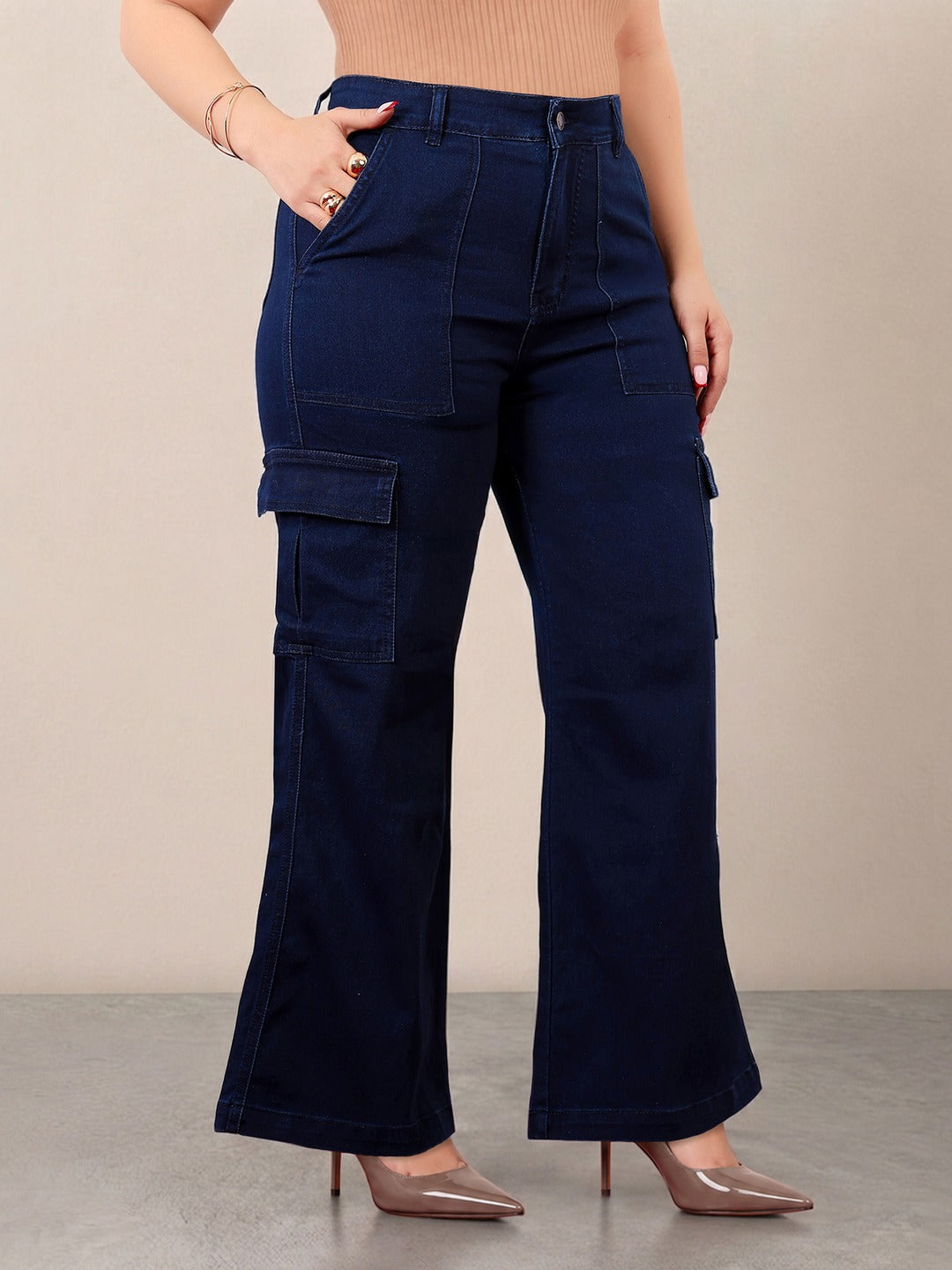 Navy Blue Wide-Leg High-Rise Stretchable Denim Cargo Jeans for Women