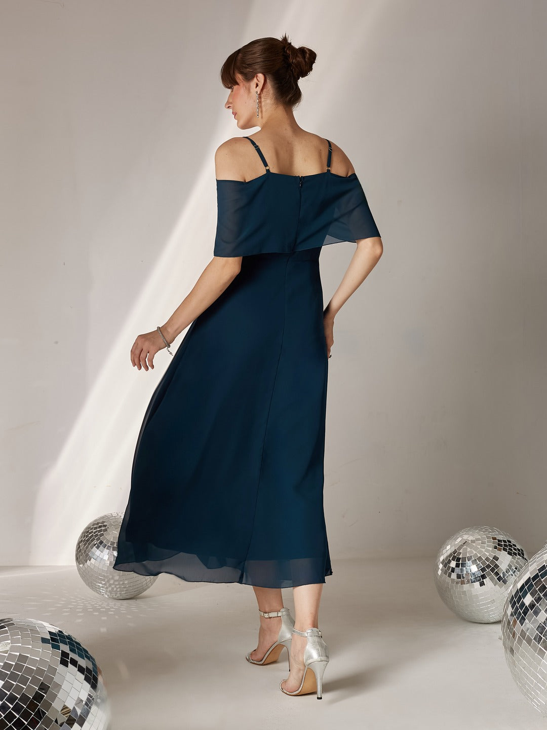 Teal Bardot Style Sleeveless Spaghetti Strap Solid Off Shoulder Midi Skater Dress for Women