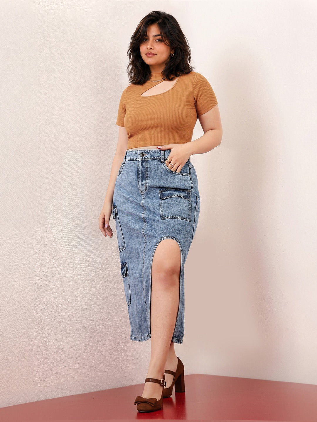Blue Straight-Fit High-Rise Non-stretchable Denim Midi Skirt for Women