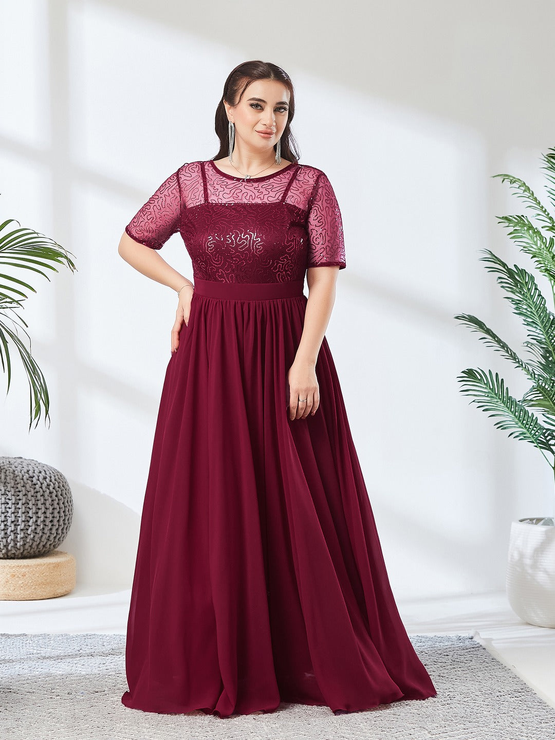 Maaroon Relaxed Fit Maxi Georgette & Sequins Dress for Women