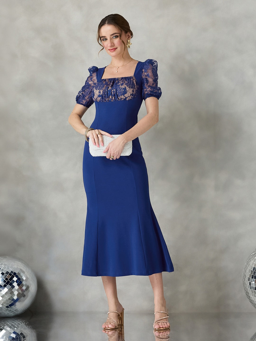 Royal Blue Square Neck Puff Sleeve Self Design Lace Overlaid Ankle Length Dress for Women
