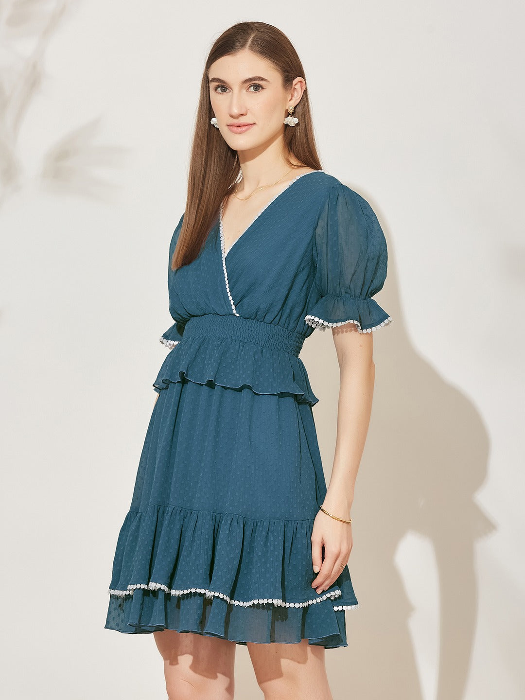 Azure Blue V-Neck Puff Self Design Tiered/ Layered/ Overlap Knee-Long Chiffon Dress for Women