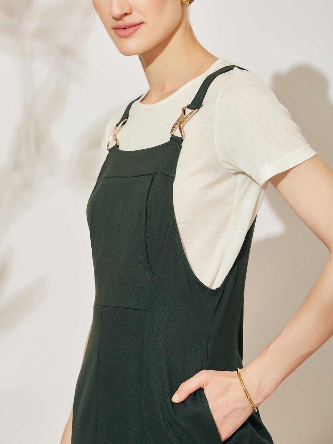Bottle Green Round Neck Half Sleeve Solid Panneled/ Pinafore Knee-Long Polyester Dress Co-Ord Set for Women