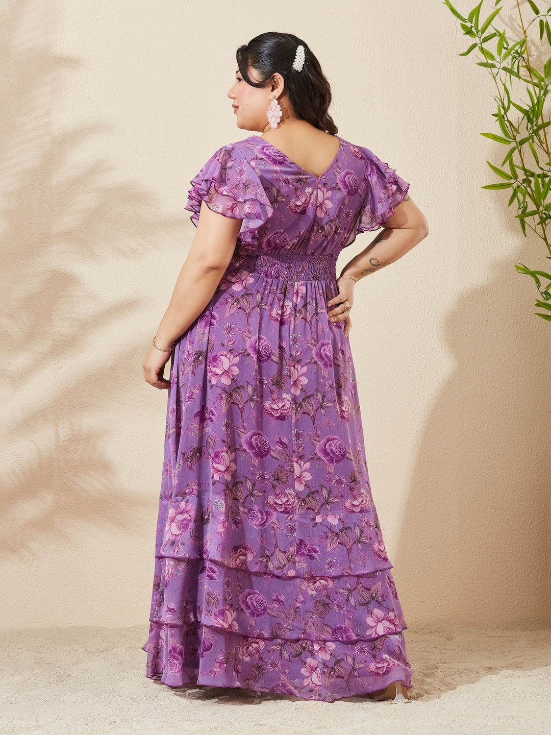 Lavender Tapered Square Neck Layered Ruffle Floral Ruffled Maxi Chiffon Dress for Women