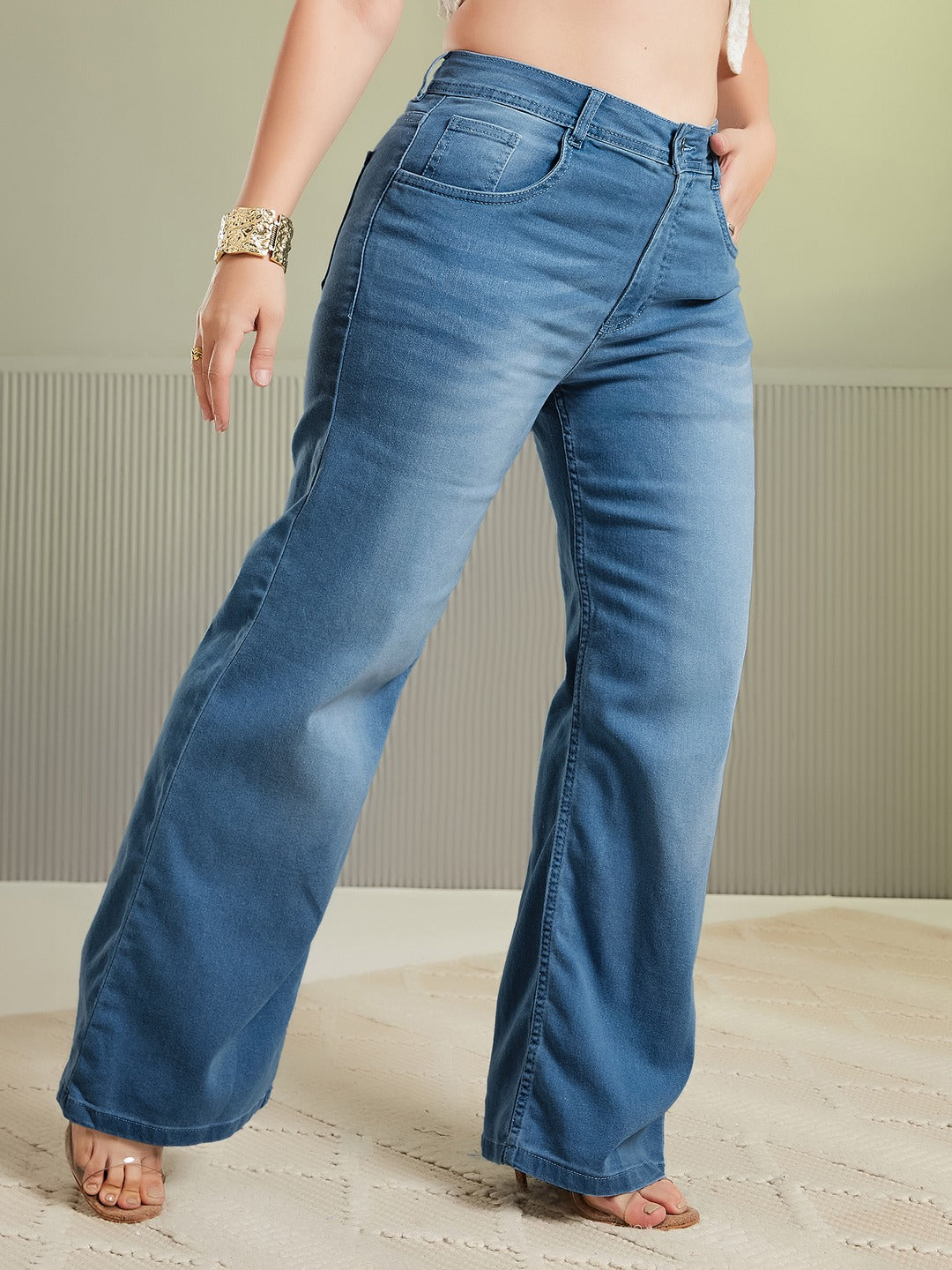 Black Wide Leg High Rise Stretchable Denim Jeans for Women