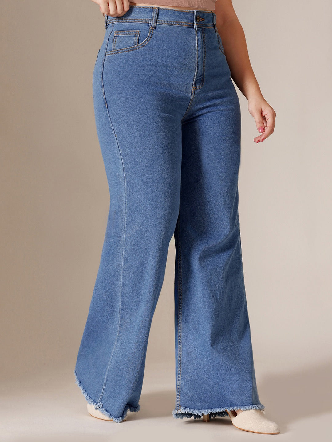 Mid Blue Wide-Leg High-Rise Stretchable Denim Jeans for Women