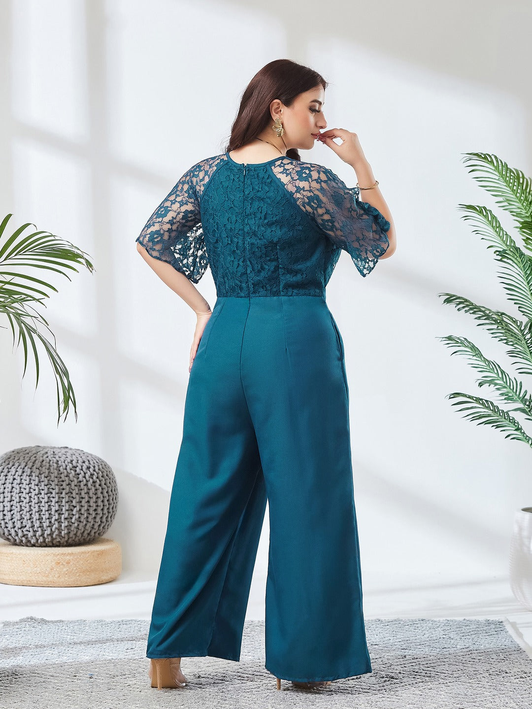 Teal Round Neck Flared Sleeve Floral Raglan Regular Jumpsuit for Women