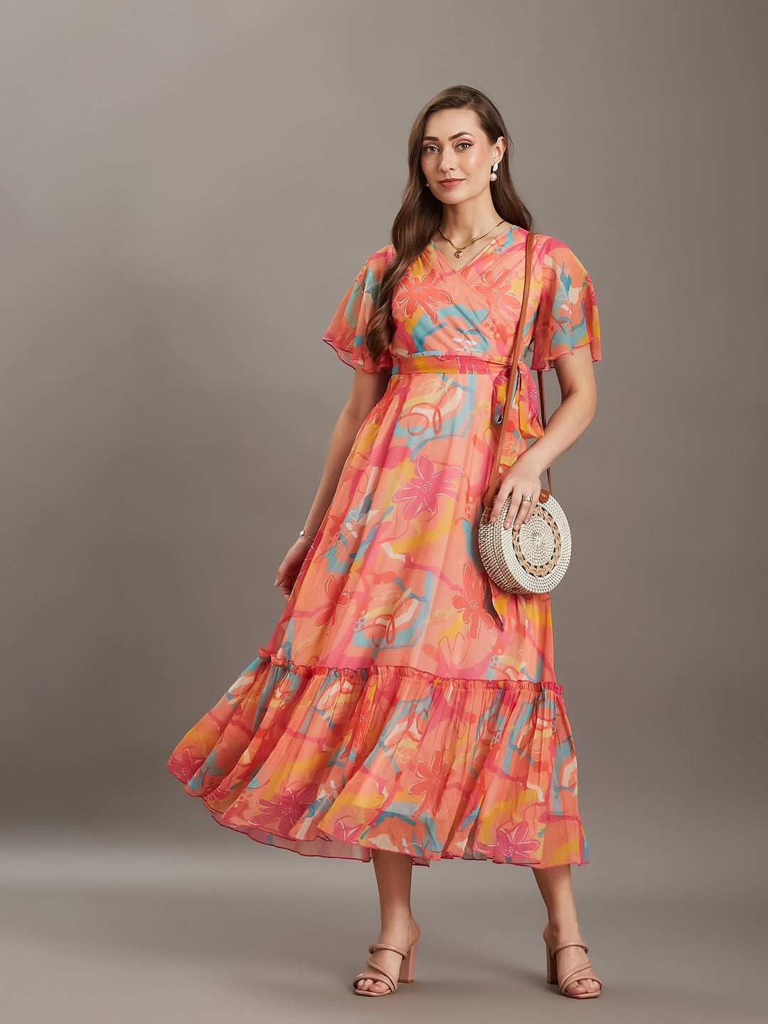 Multicolored Light Orange Floral V-Neck Flared Sleeve Wrap Chiffon Maxi Dress for Women
