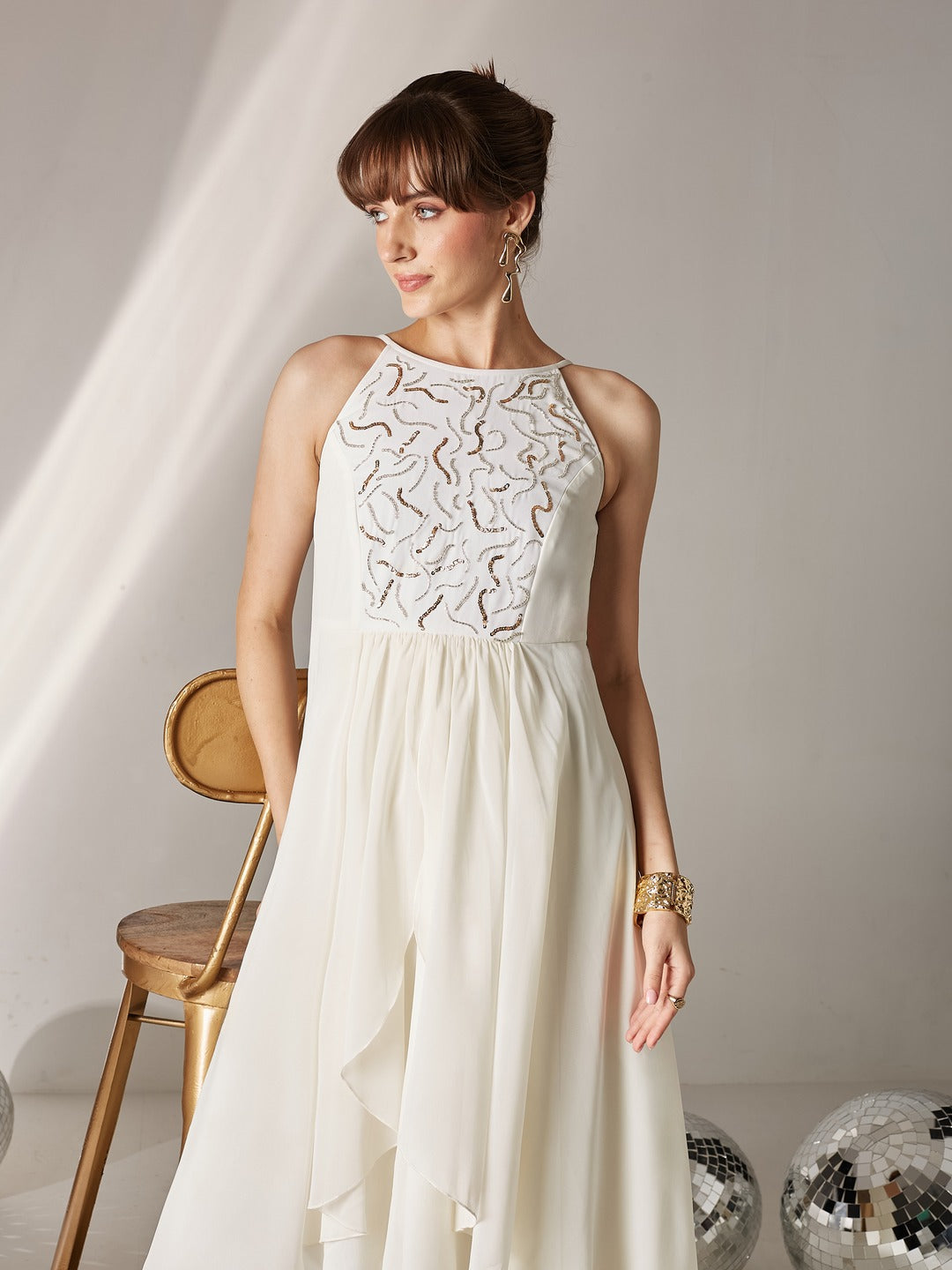 Off White Round Neck Sleeveless Solid Embellished Maxi Dress for Women