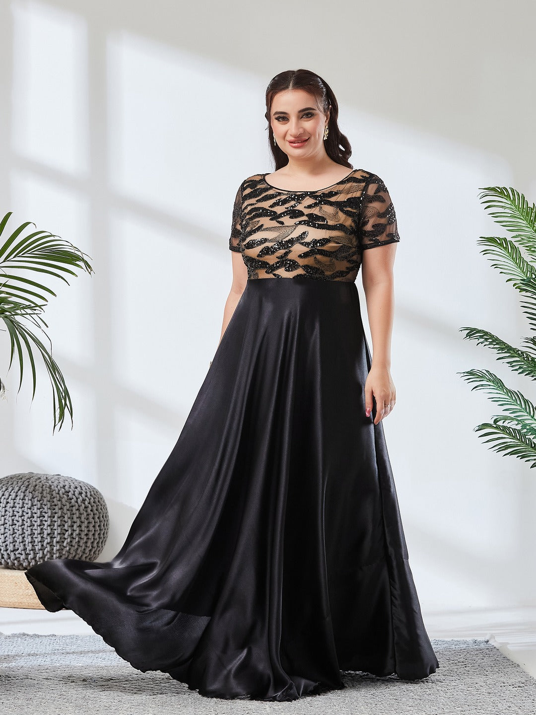 Black Boat-Neck Short-Sleeve Abstract Fit & Flare Satin Maxi Dress for Women