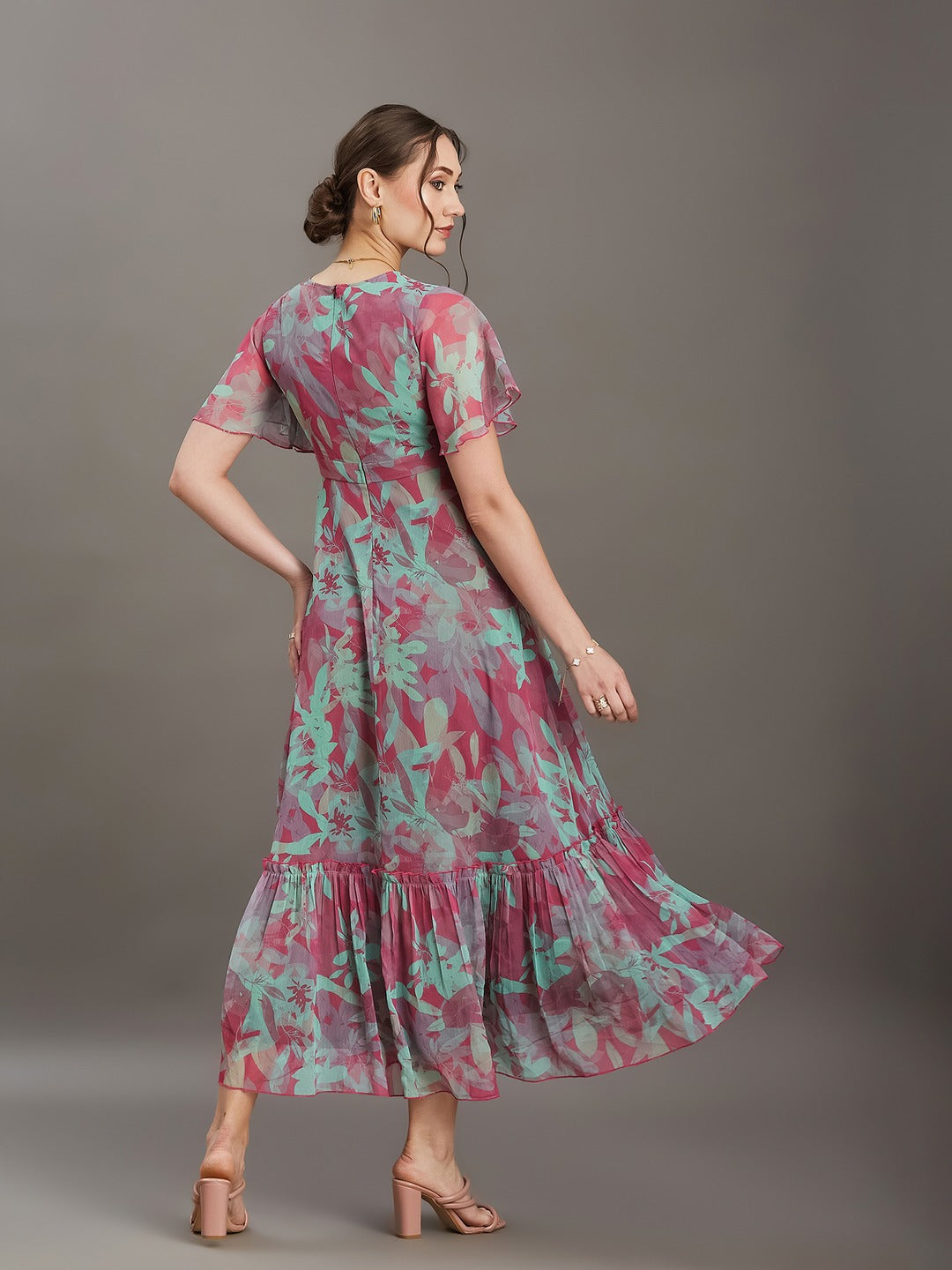Pink & Mint Floral V-Neck Flutter Sleeve Wrap Chiffon Maxi Dress for Women