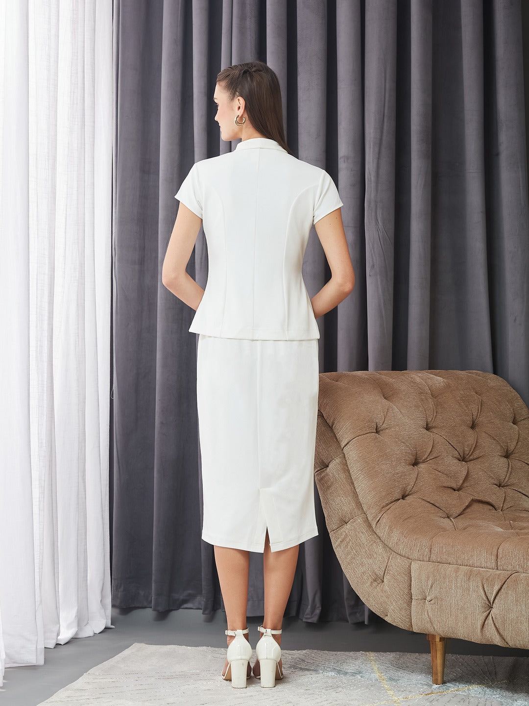 Off White Collared Short Sleeve Solid Pleated Knee-Long Co-Ord Set for Women