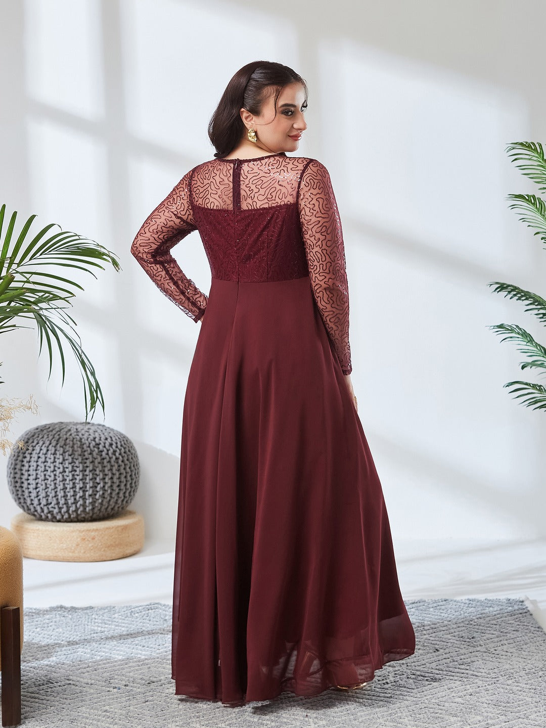 Wine Solid Embellished Maxi Dress for Women