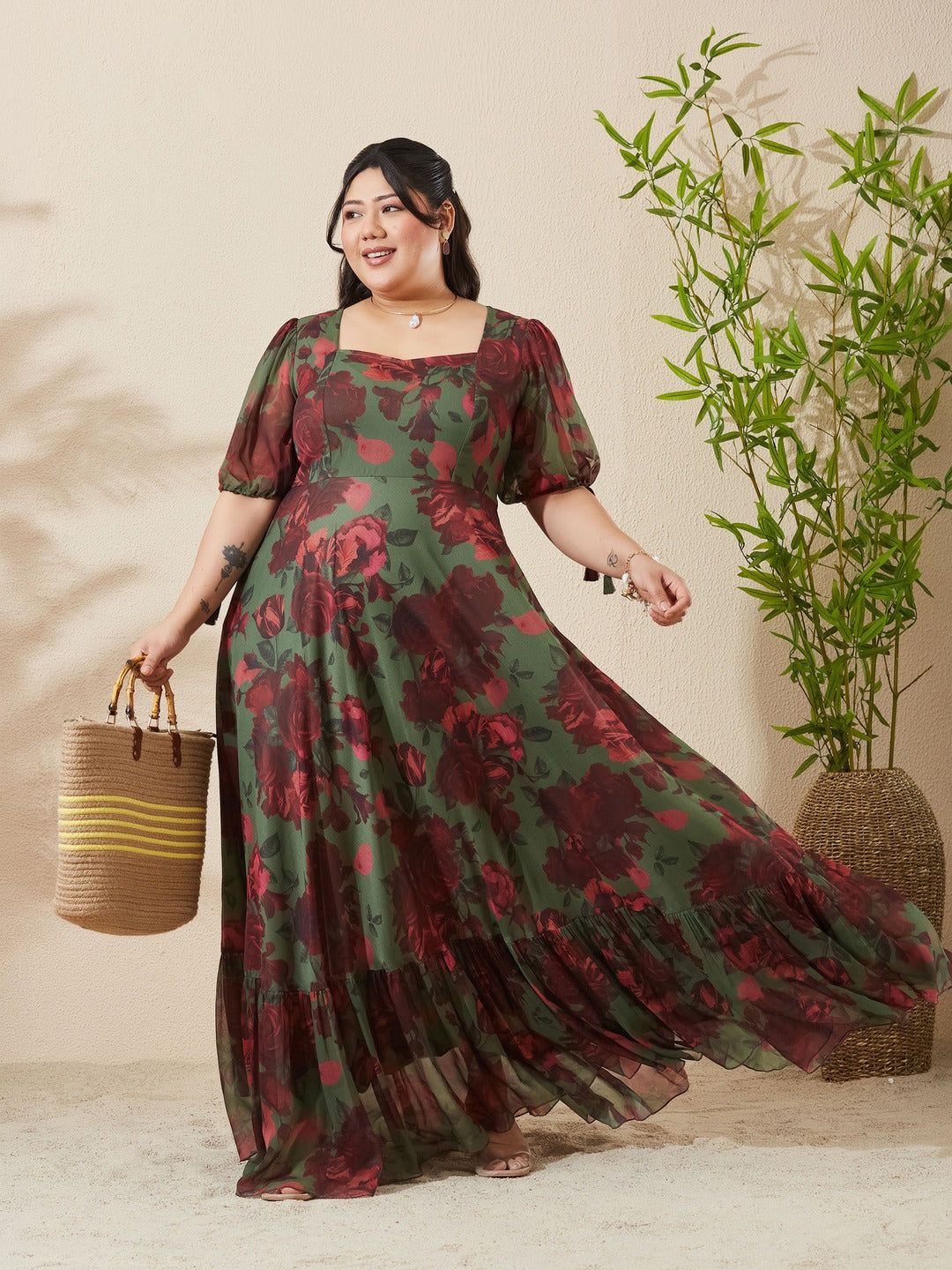 Olive And Wine Sweetheart Neck Puff Sleeve Floral Tiered Maxi Chiffon Dress for Women