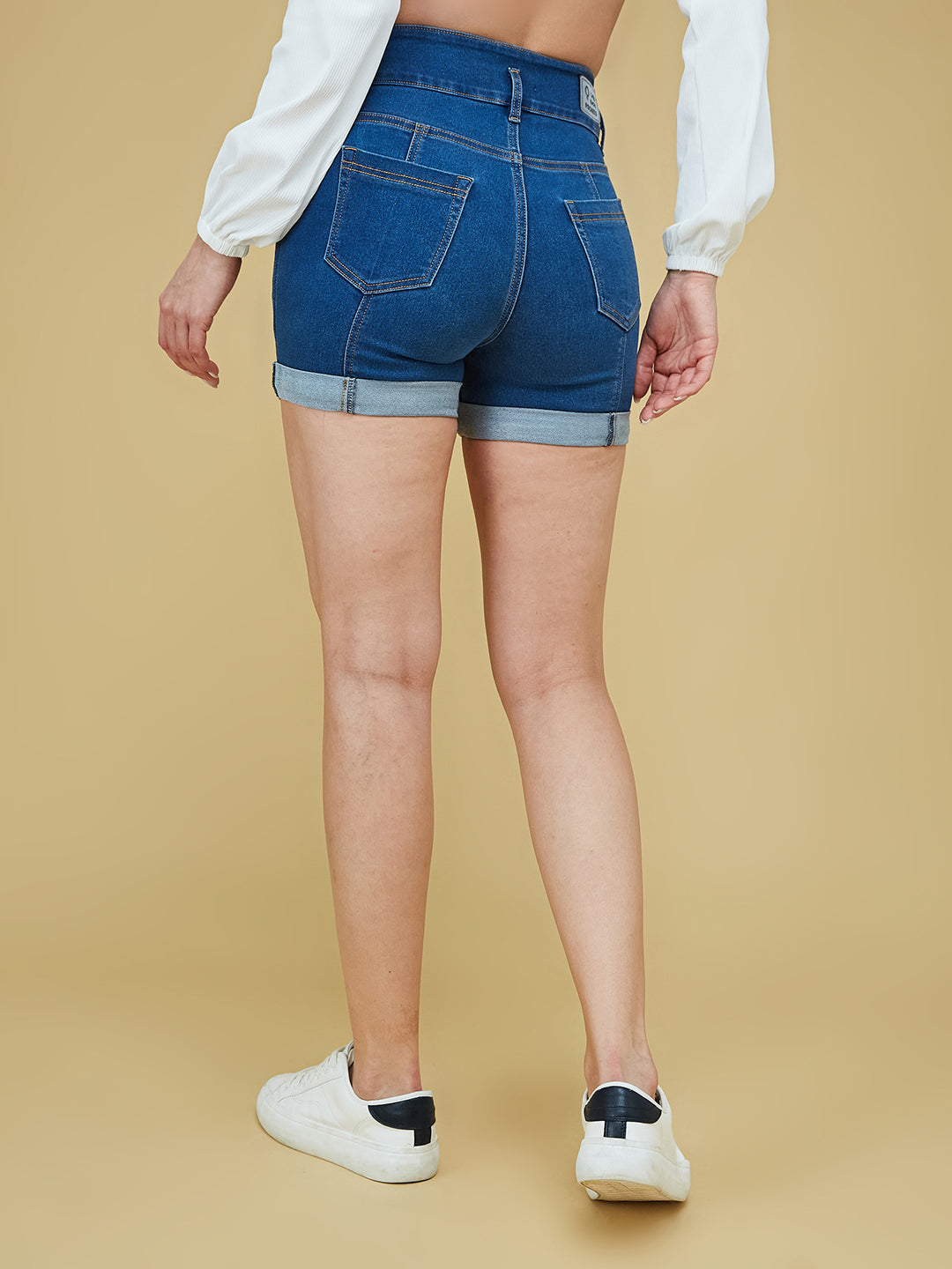 Blue Relaxed-Fit High-Rise Stretchable Blue Denim Shorts for Women