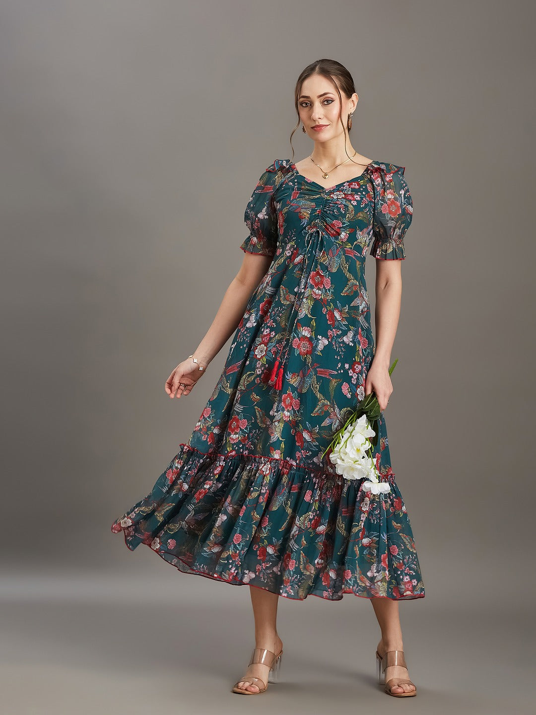 Bottle Green Sweetheart Neck Puff Sleeve Floral Ruching/Tiered Ankle-Length Georgette Dress for Women