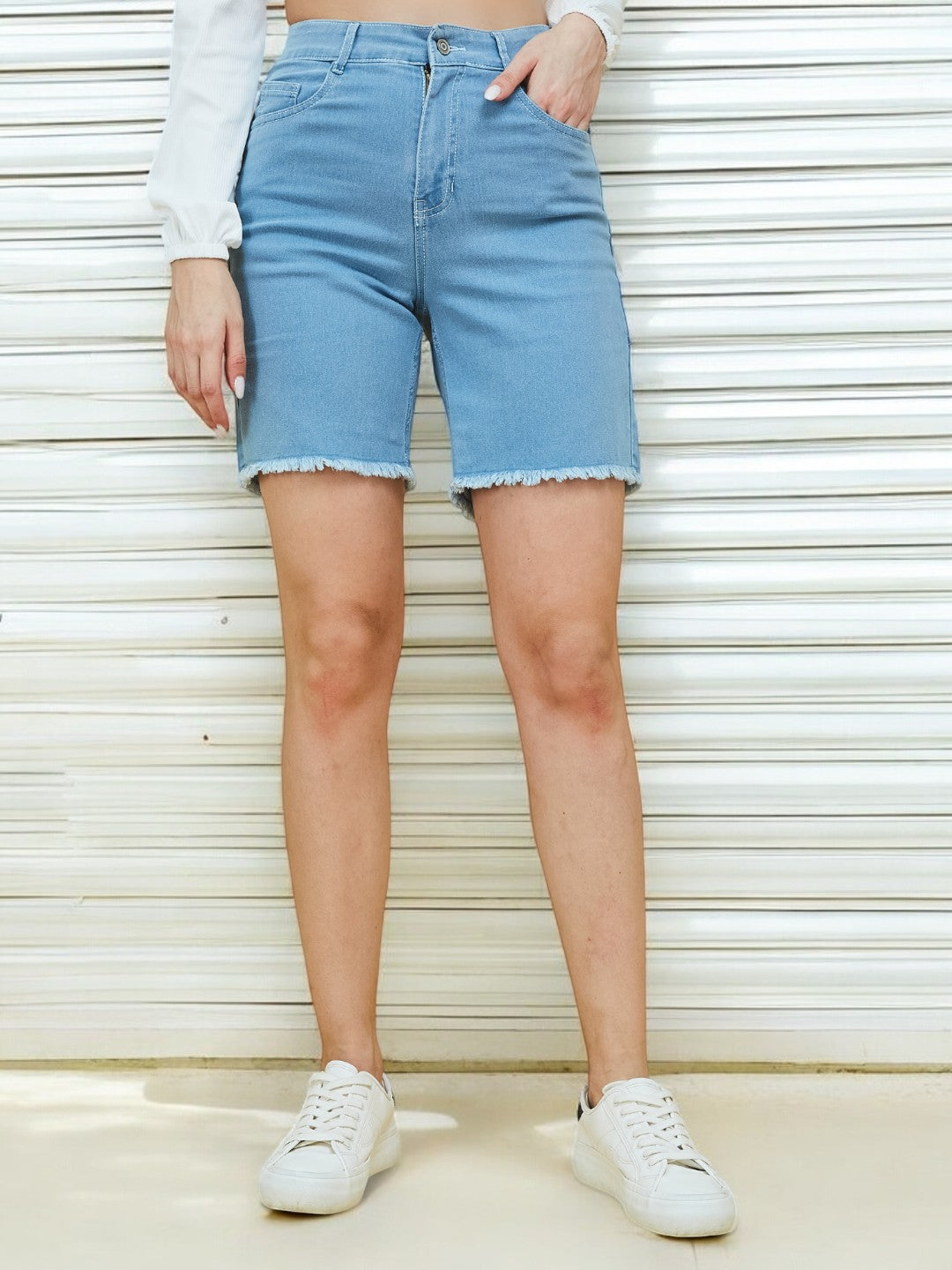 Light Blue Regular High-Rise Above Knee Stretchable Denim Shorts for Women