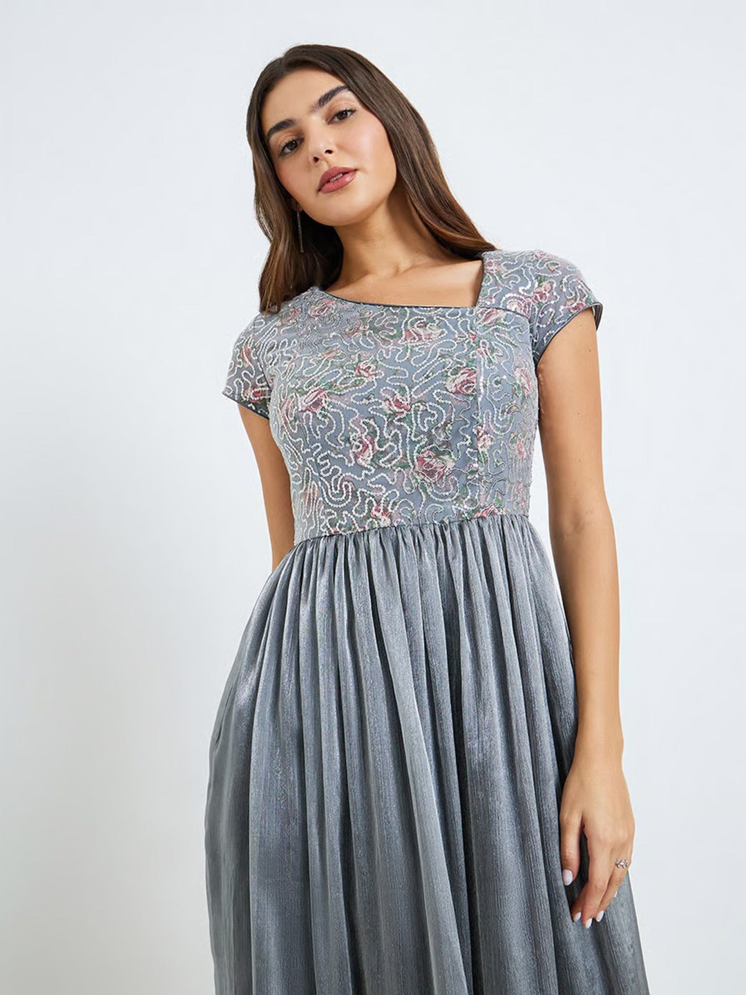 Silver Asymmetric Short Sleeve Embellished Tiered Chiffon Maxi Dress for Women
