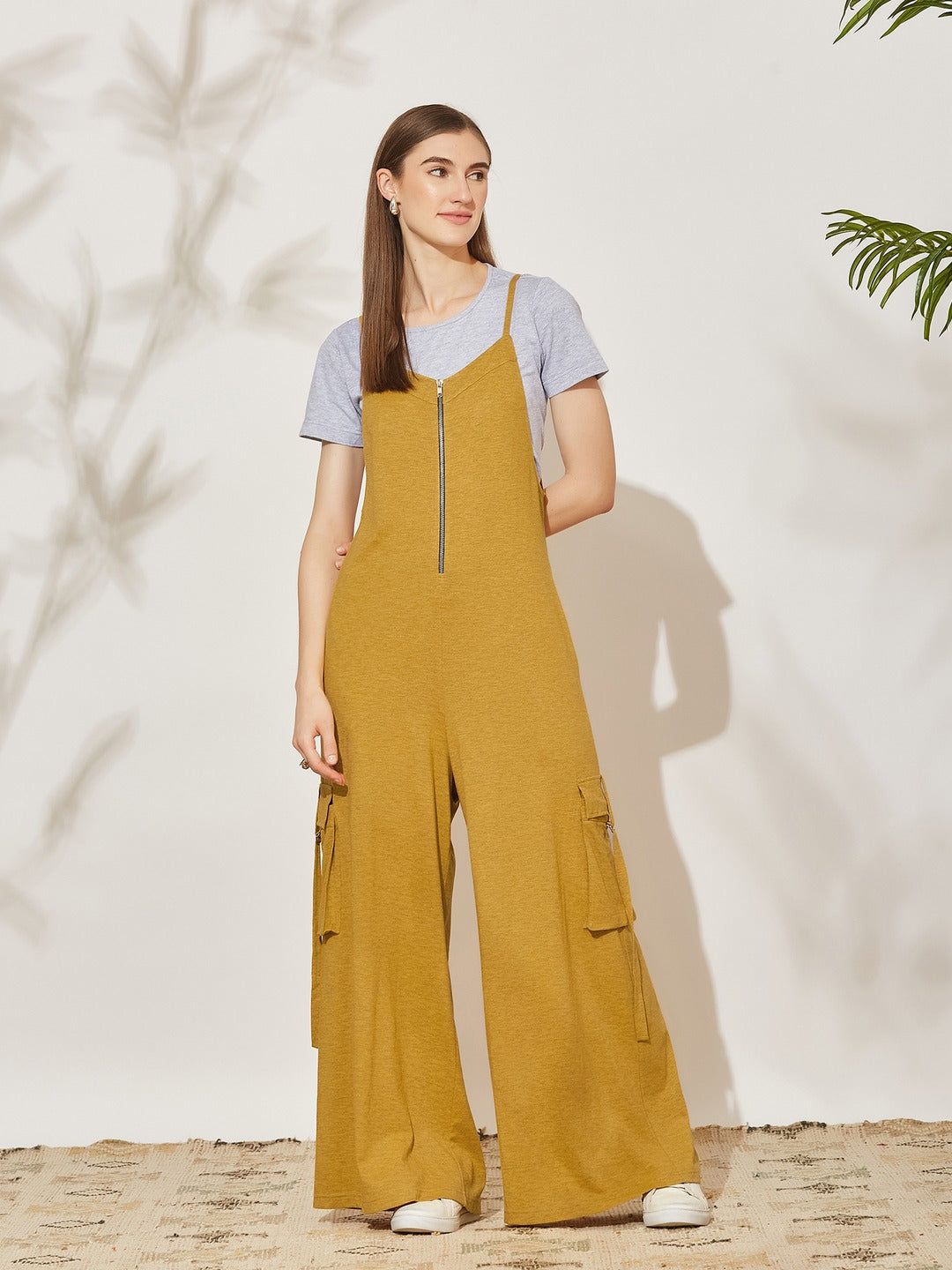 Gold and Grey Round Neck Half Sleeve Solid Regular Fit Cotton Dungaree Co-Ord Set for Women