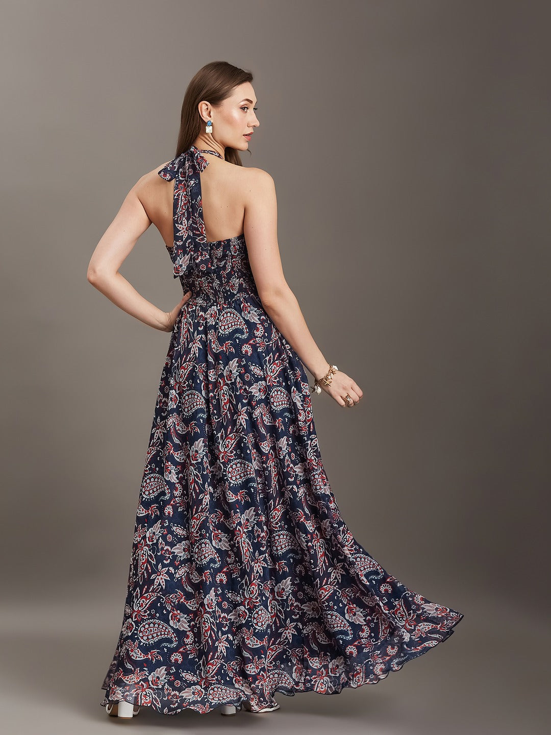 Navy Blue Tie-Up Sleeveless Abstract Fit & Flare Maxi Chiffon Dress for Women