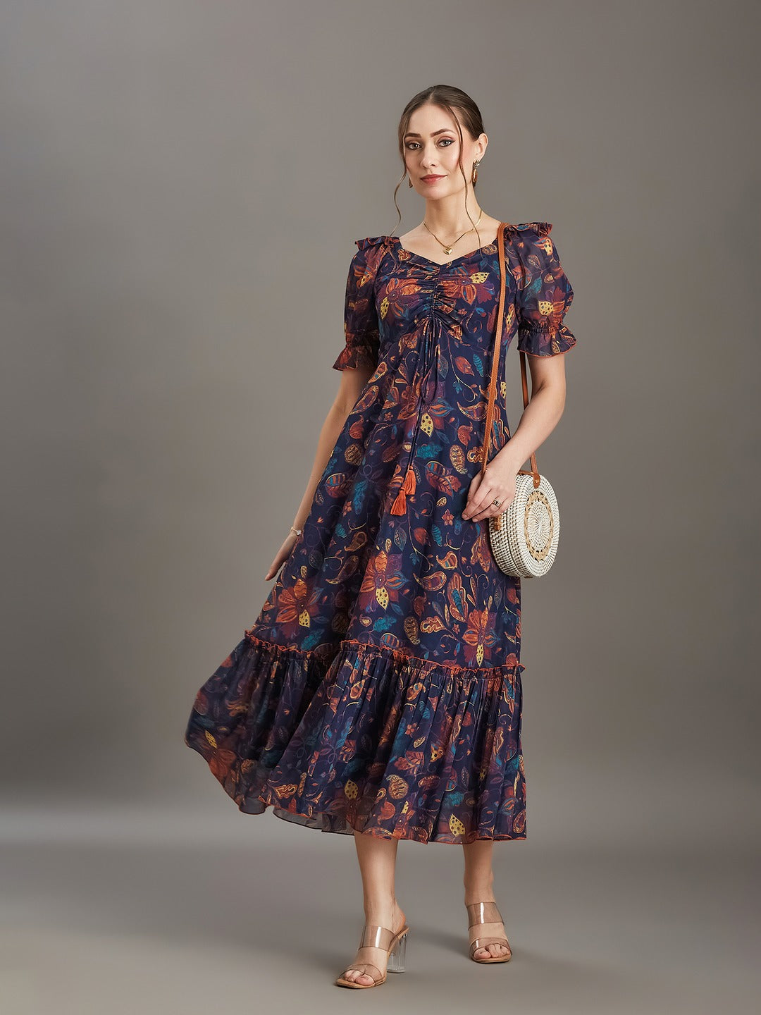 Cobalt Blue Sweetheart Neck Puff Sleeve Floral Ruching/Tiered Ankle-Length Georgette Dress for Women